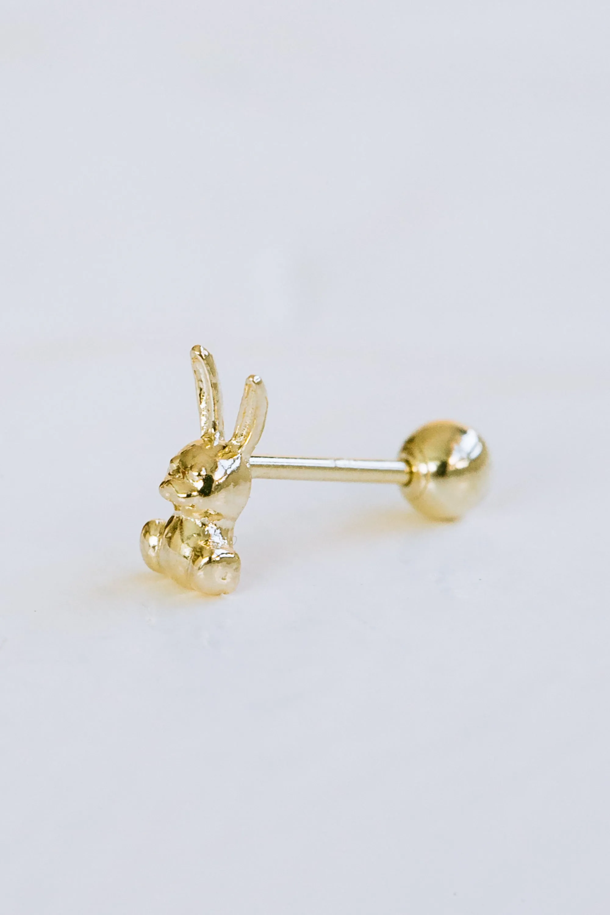 14K GOLD JEWELRY MINIMALIST DELICATE CUTE BUNNY RABBIT BARBELL EAR STUD EARRING PIERCING