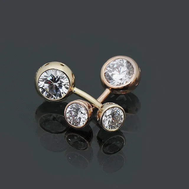 14k Solid Gold Cz Cute Double Top Bottom Healed Male Belly Bar Button Ring Piercing Women Jewelry