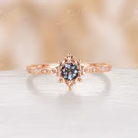 Antique Round Lab Alexandrite Milgrain Engagement Ring Rose Gold