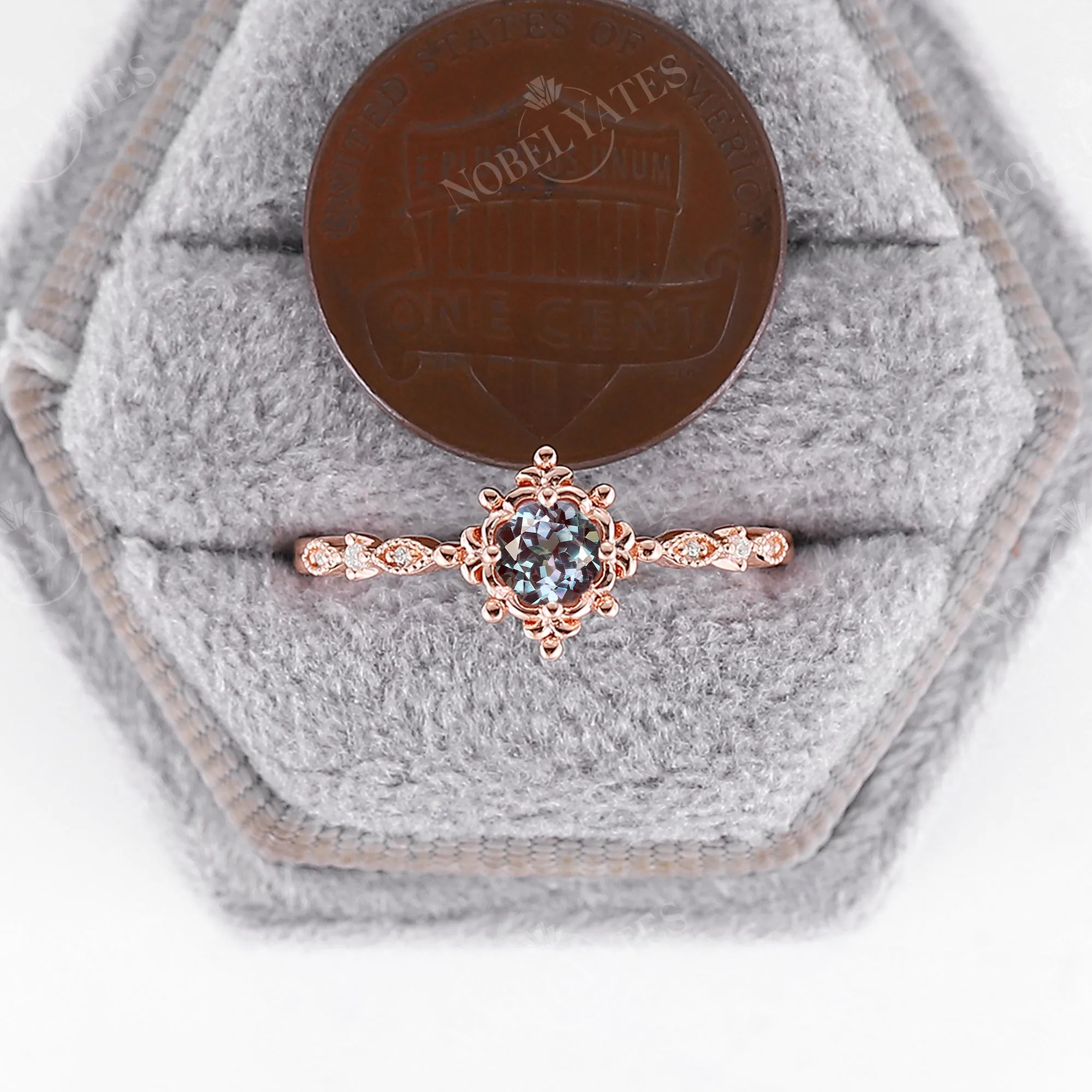 Antique Round Lab Alexandrite Milgrain Engagement Ring Rose Gold