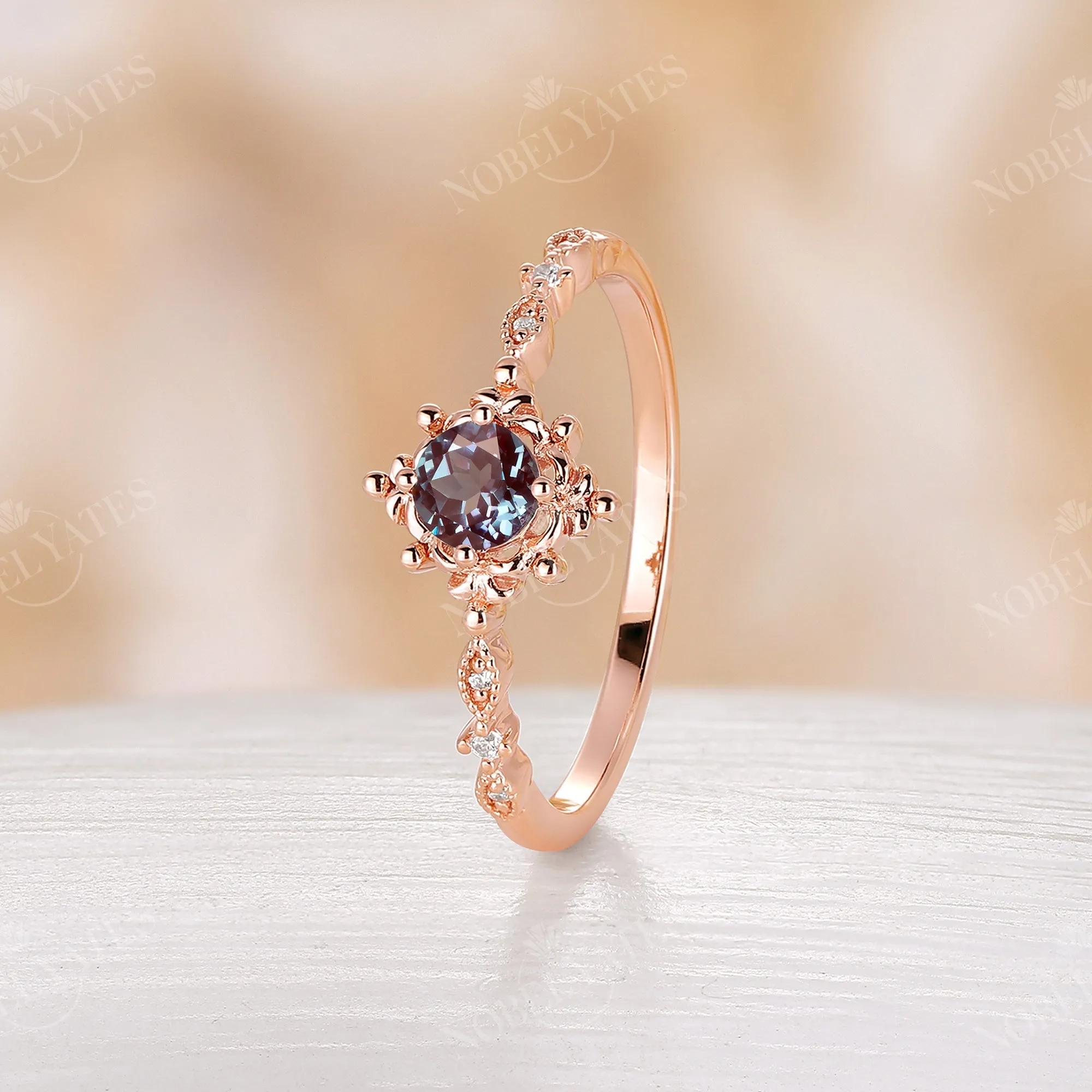 Antique Round Lab Alexandrite Milgrain Engagement Ring Rose Gold