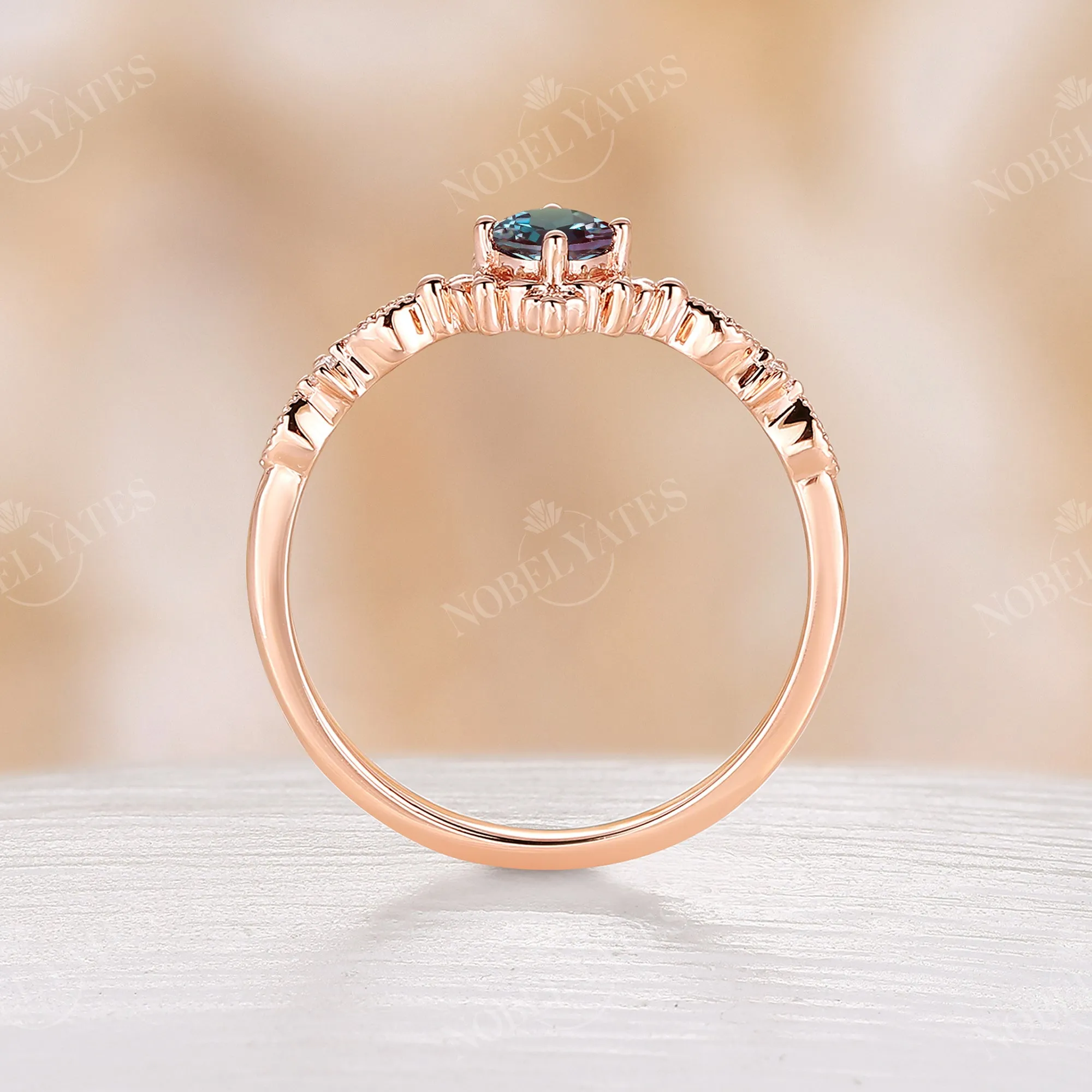 Antique Round Lab Alexandrite Milgrain Engagement Ring Rose Gold