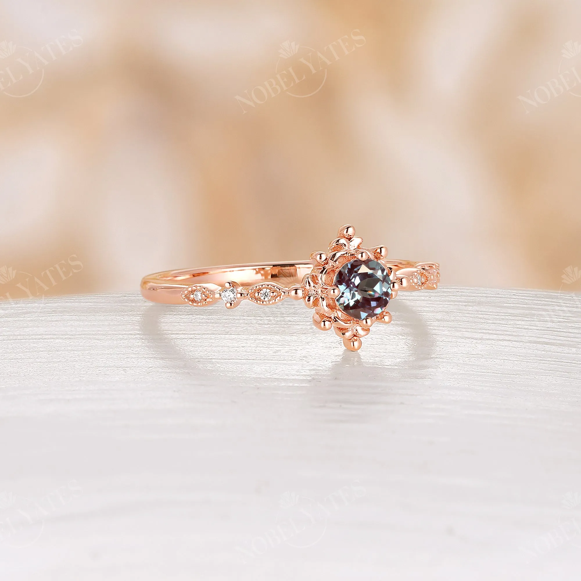 Antique Round Lab Alexandrite Milgrain Engagement Ring Rose Gold