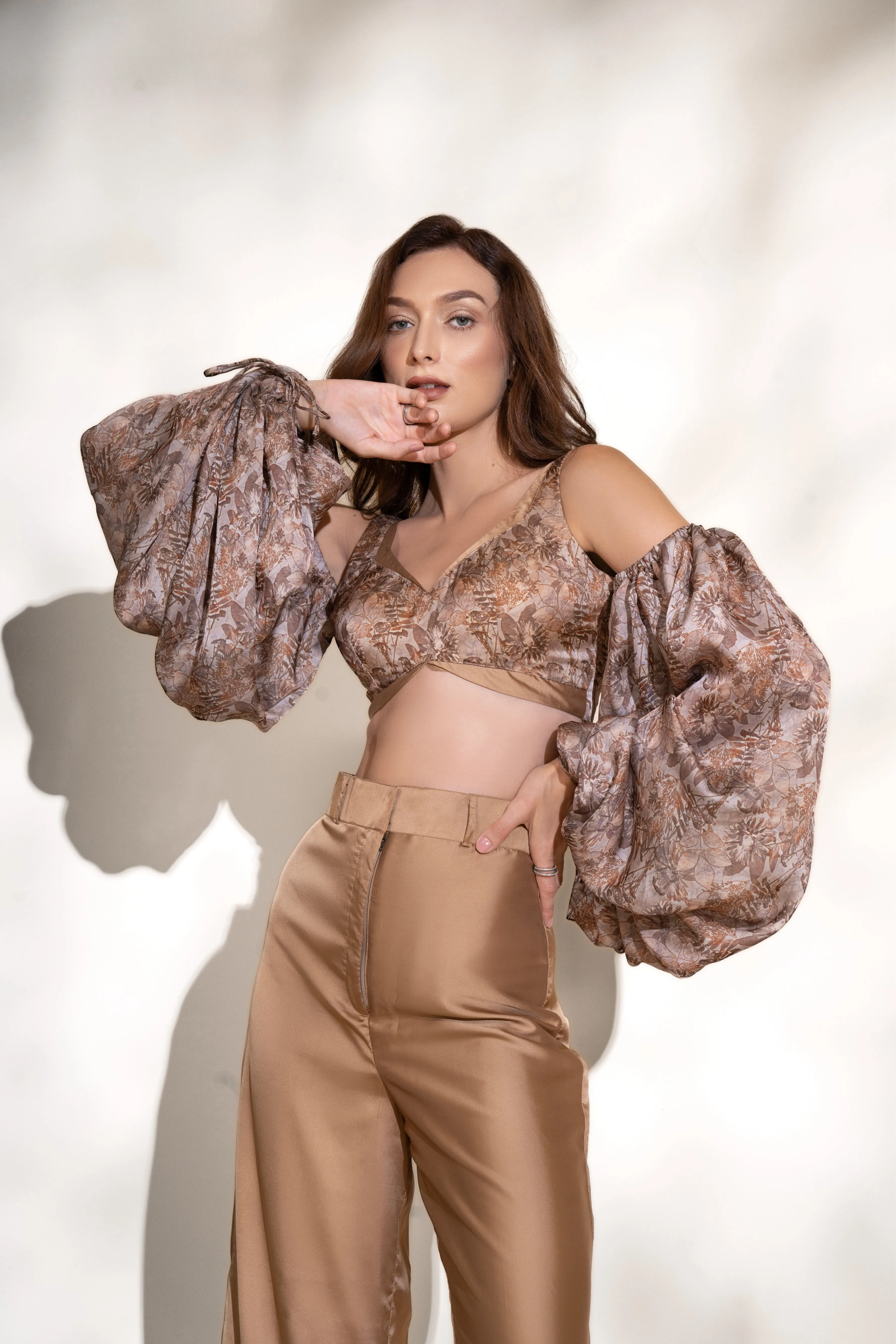 Auric Gold Printed Crop Top and Pants Co-ord Set