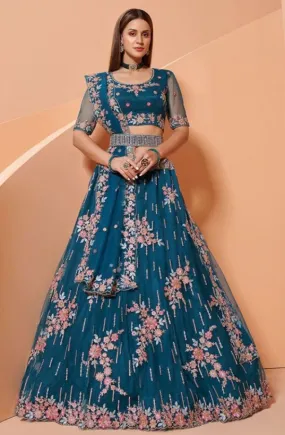 Beautiful Blue Colored Partywear Designer Lehenga Choli - Rent