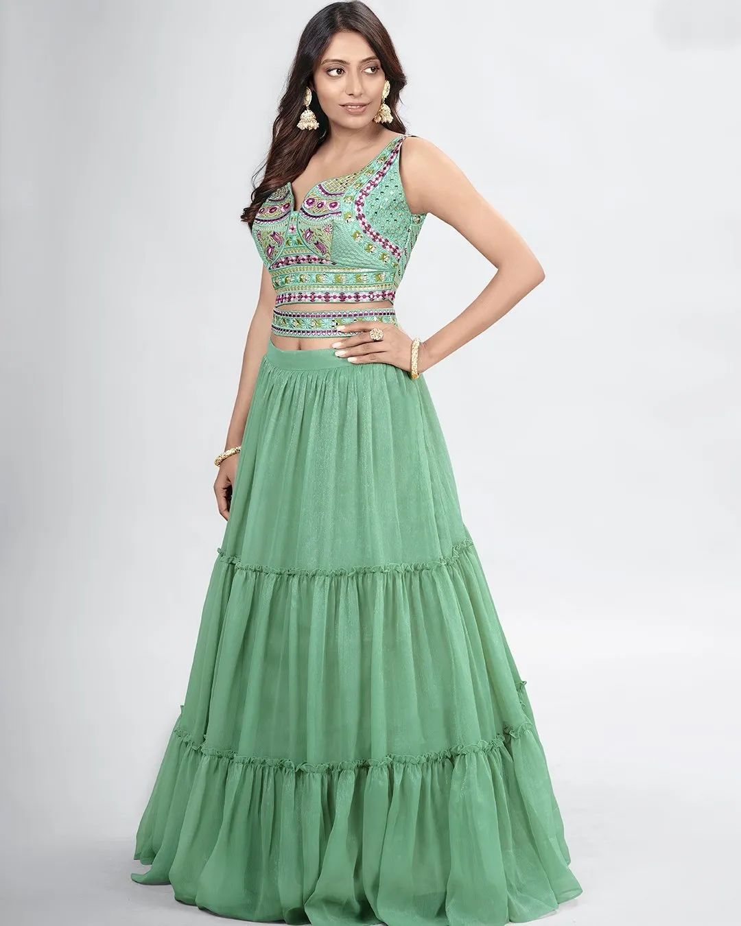 Beautiful green colored printed Lehenga Set - Rent