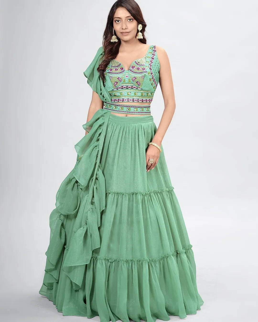 Beautiful green colored printed Lehenga Set - Rent