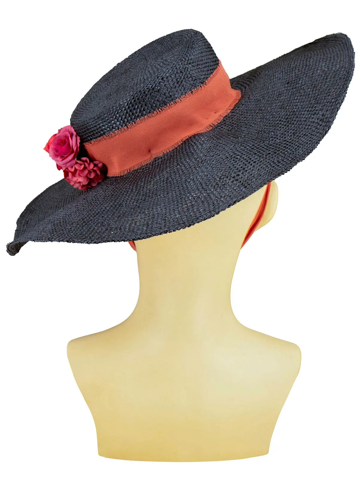 Black 1940s Straw Boater Picture Hat Floral Trim