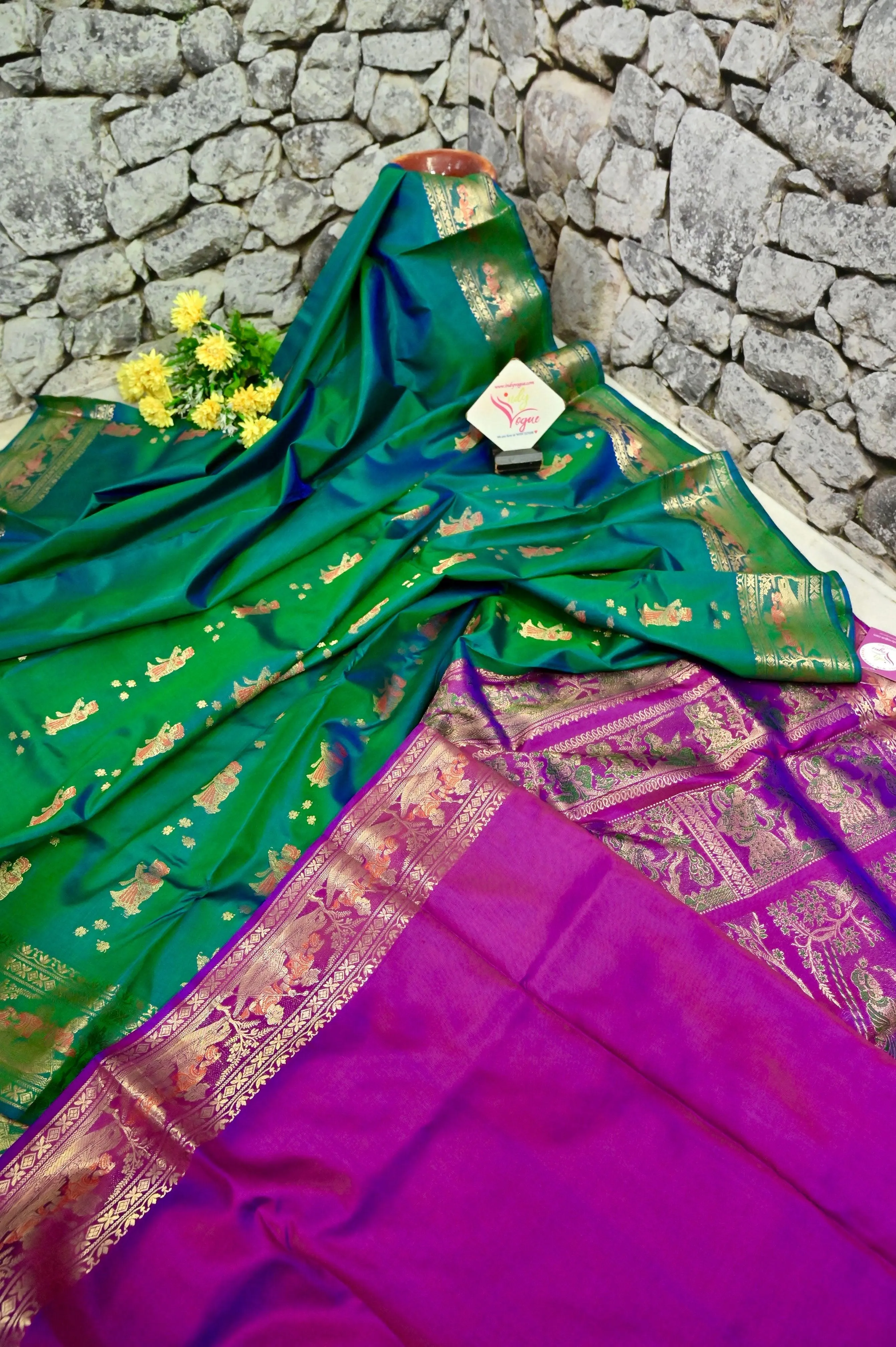 Blue and Green Dual Tone Color Pure Baluchari Silk Saree with Contrast Pallu