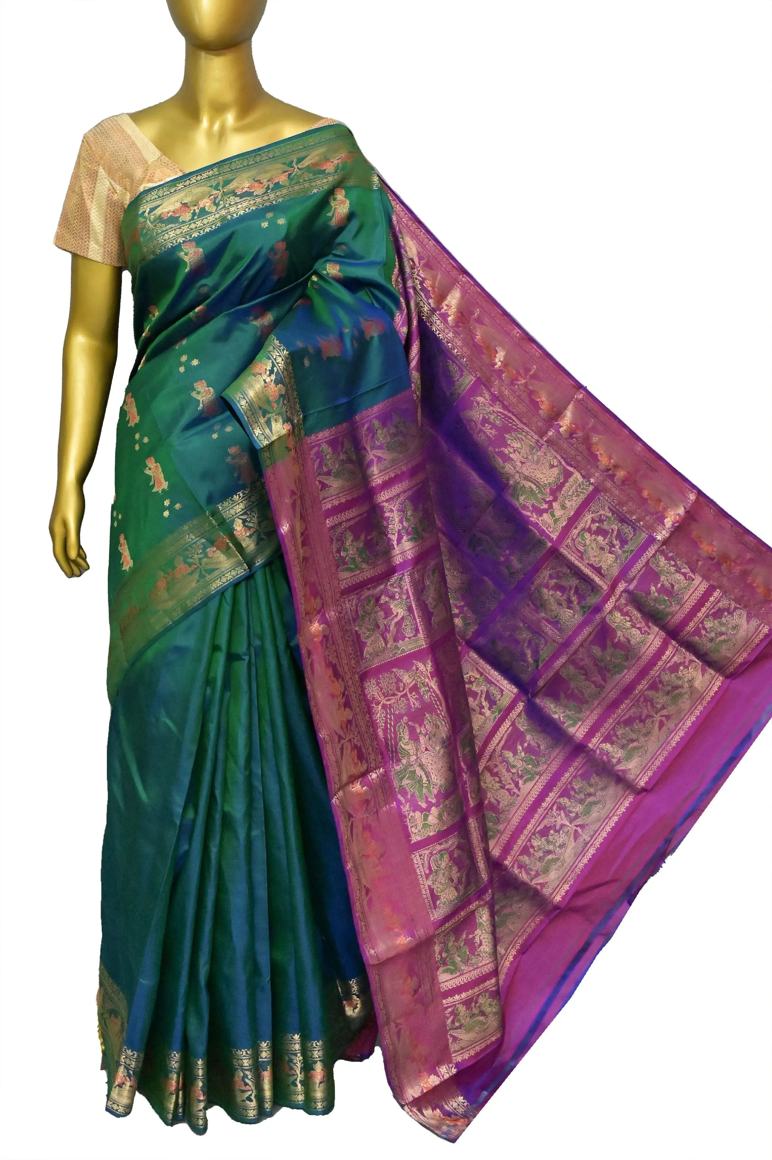 Blue and Green Dual Tone Color Pure Baluchari Silk Saree with Contrast Pallu