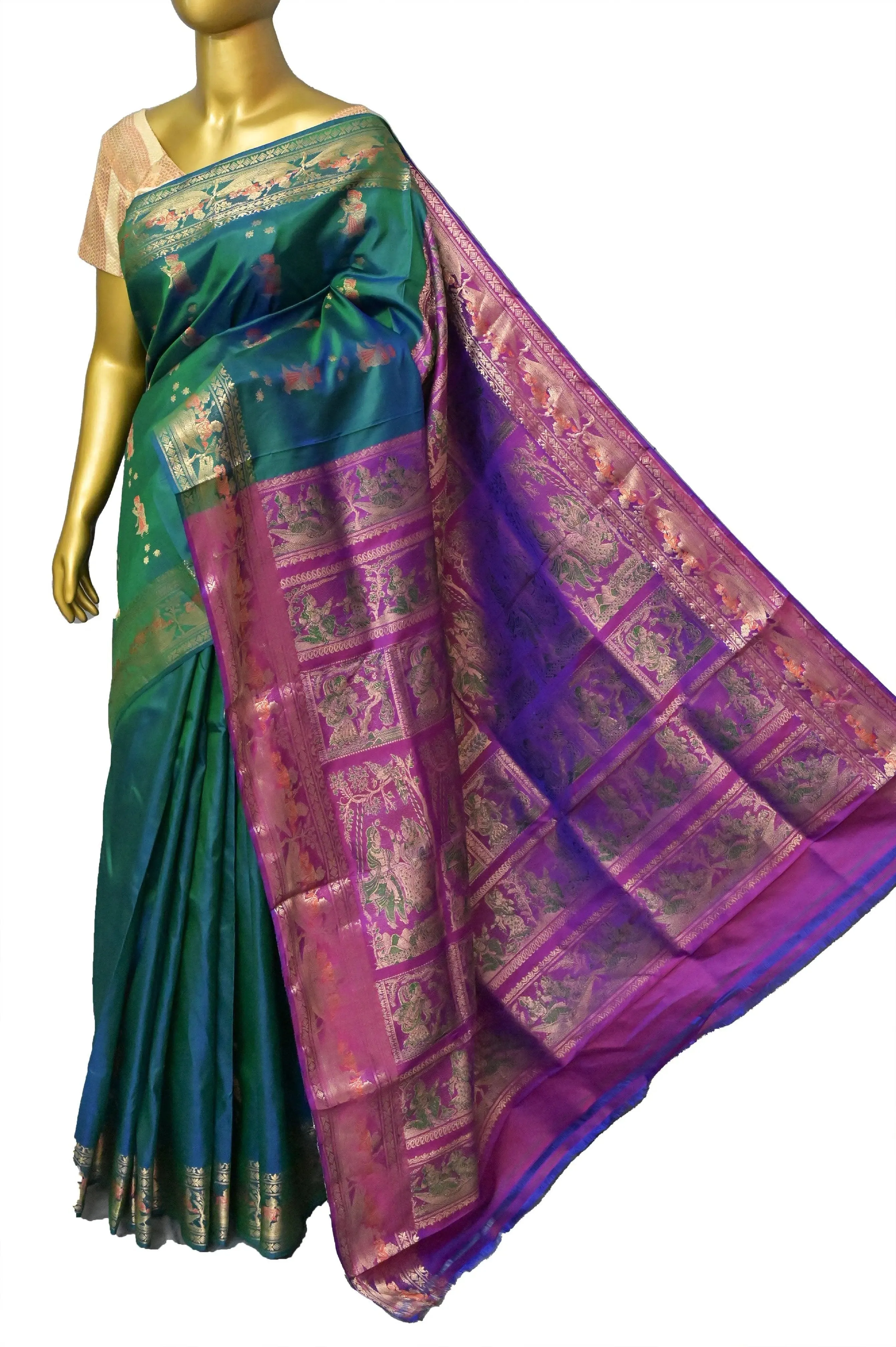 Blue and Green Dual Tone Color Pure Baluchari Silk Saree with Contrast Pallu