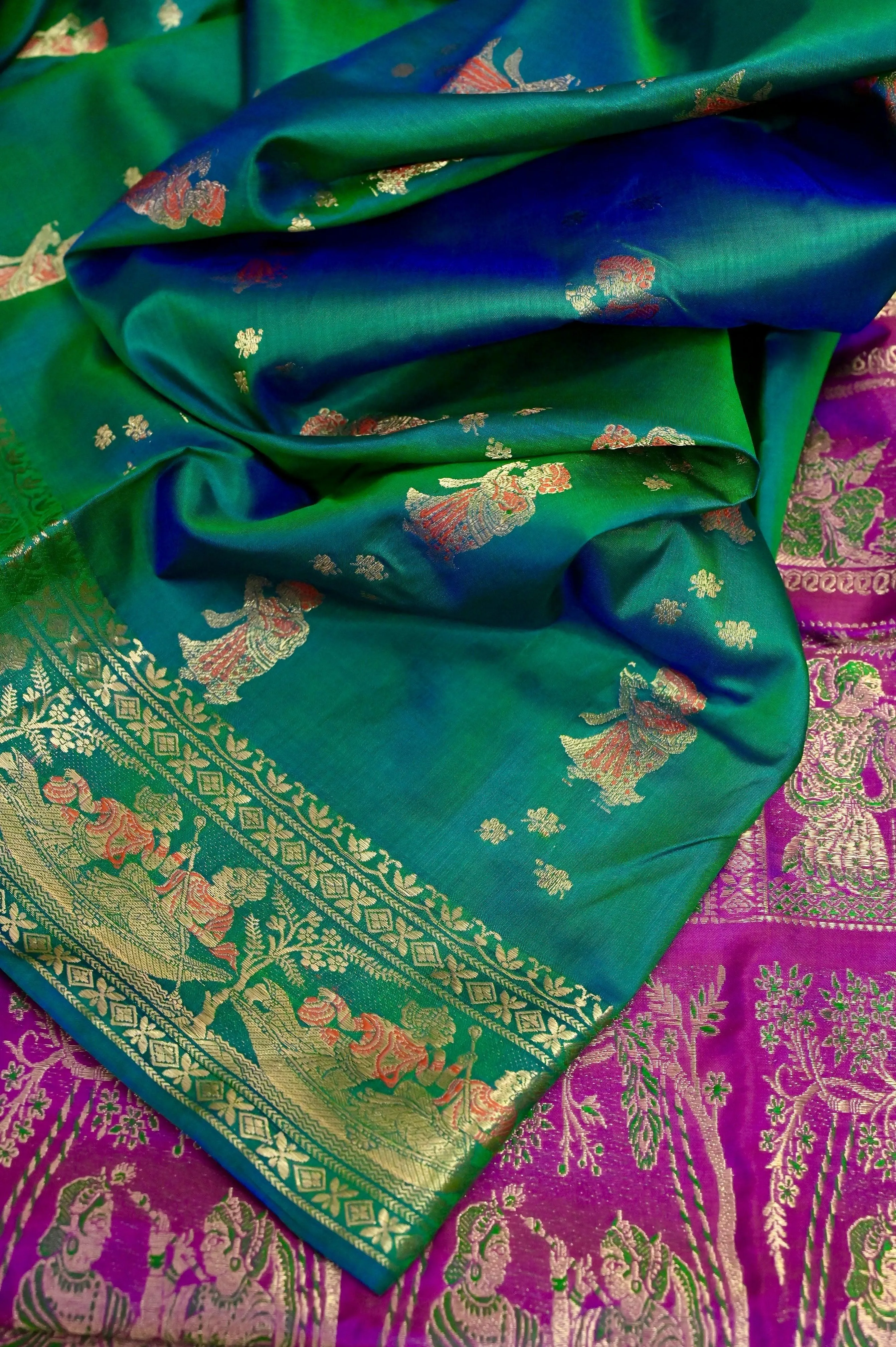 Blue and Green Dual Tone Color Pure Baluchari Silk Saree with Contrast Pallu