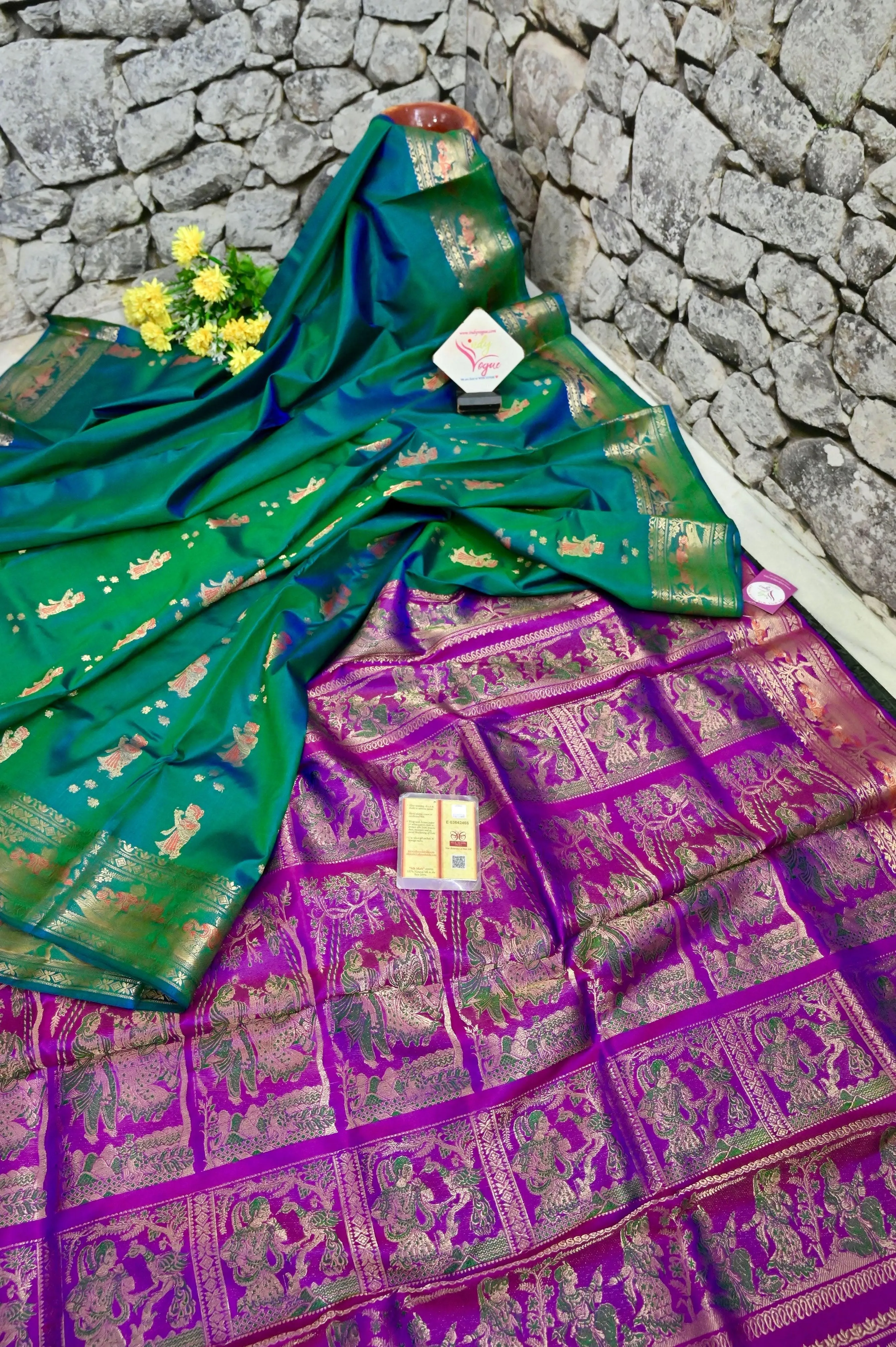 Blue and Green Dual Tone Color Pure Baluchari Silk Saree with Contrast Pallu