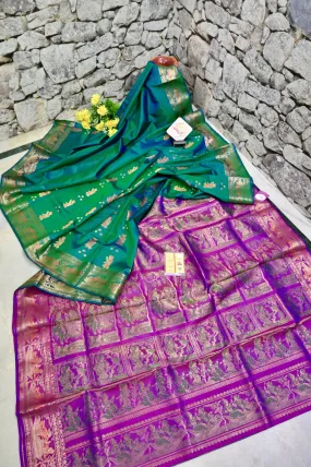 Blue and Green Dual Tone Color Pure Baluchari Silk Saree with Contrast Pallu