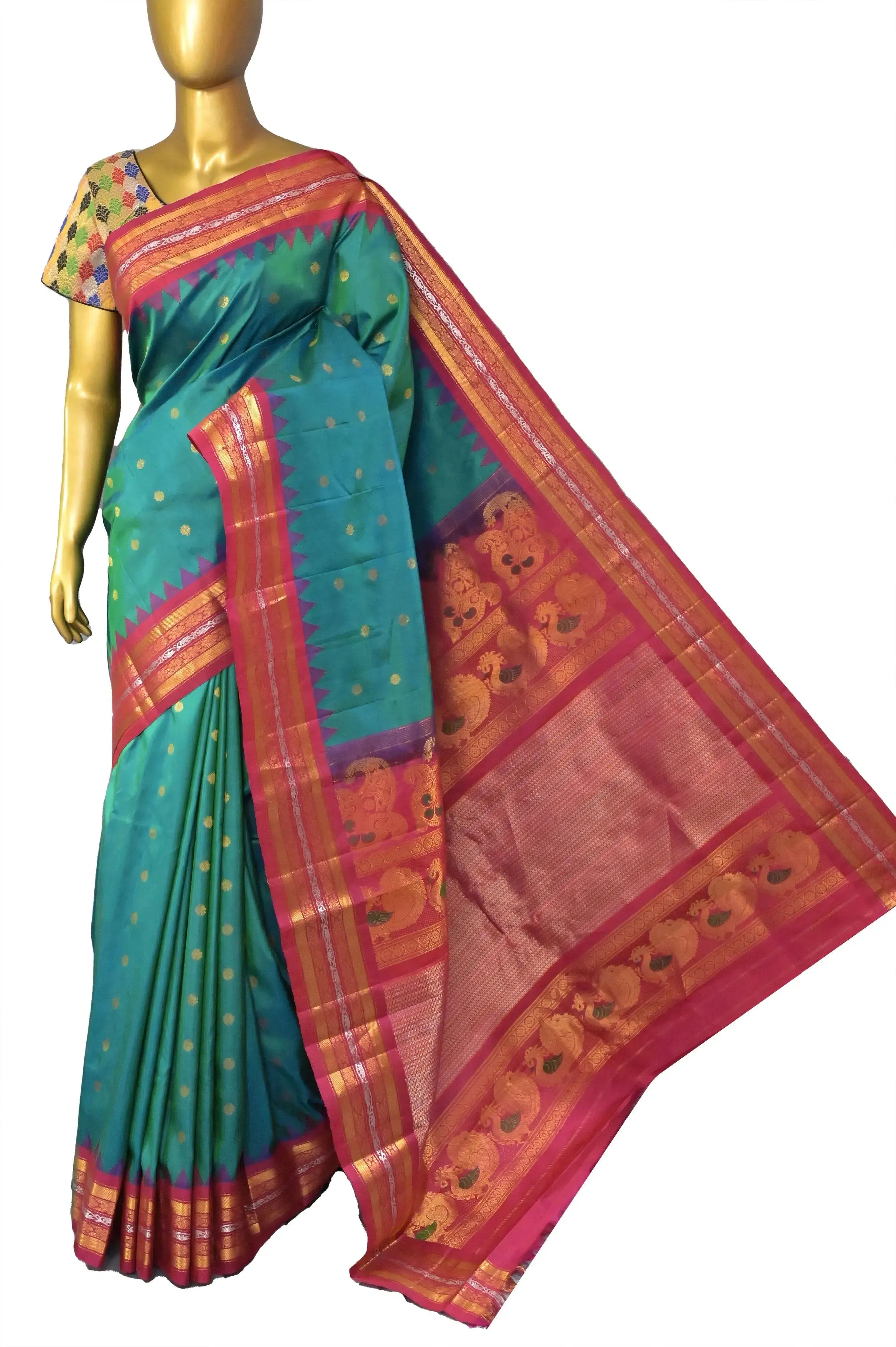 Blue and Green Dual Tone Pure Gadwal with Golden and Meenakari Buti and Silver Zari Border