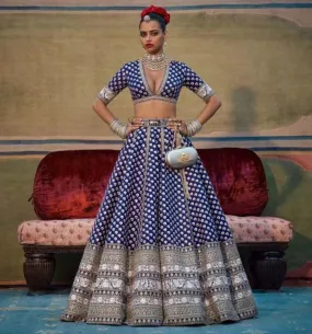 Blue Color Hand embroidery bridal lehenga set - Rent