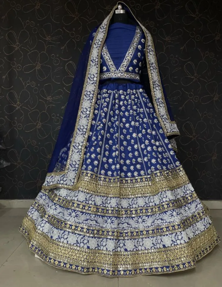 Blue Color Hand embroidery bridal lehenga set - Rent