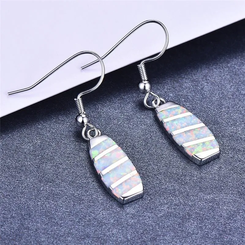 Blue White Fire Opal Bridge Drop Earrings