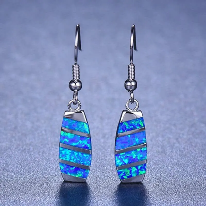 Blue White Fire Opal Bridge Drop Earrings