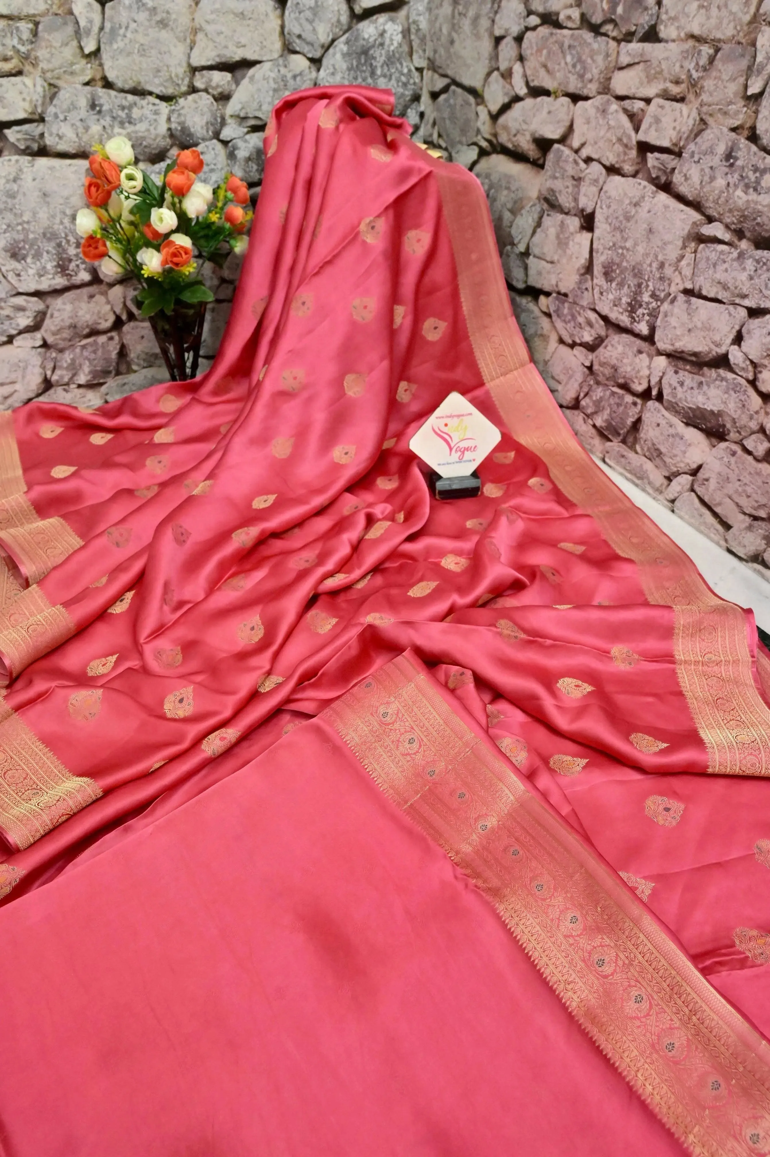 Blush Red Color Satin Banarasi With Meenakari Work