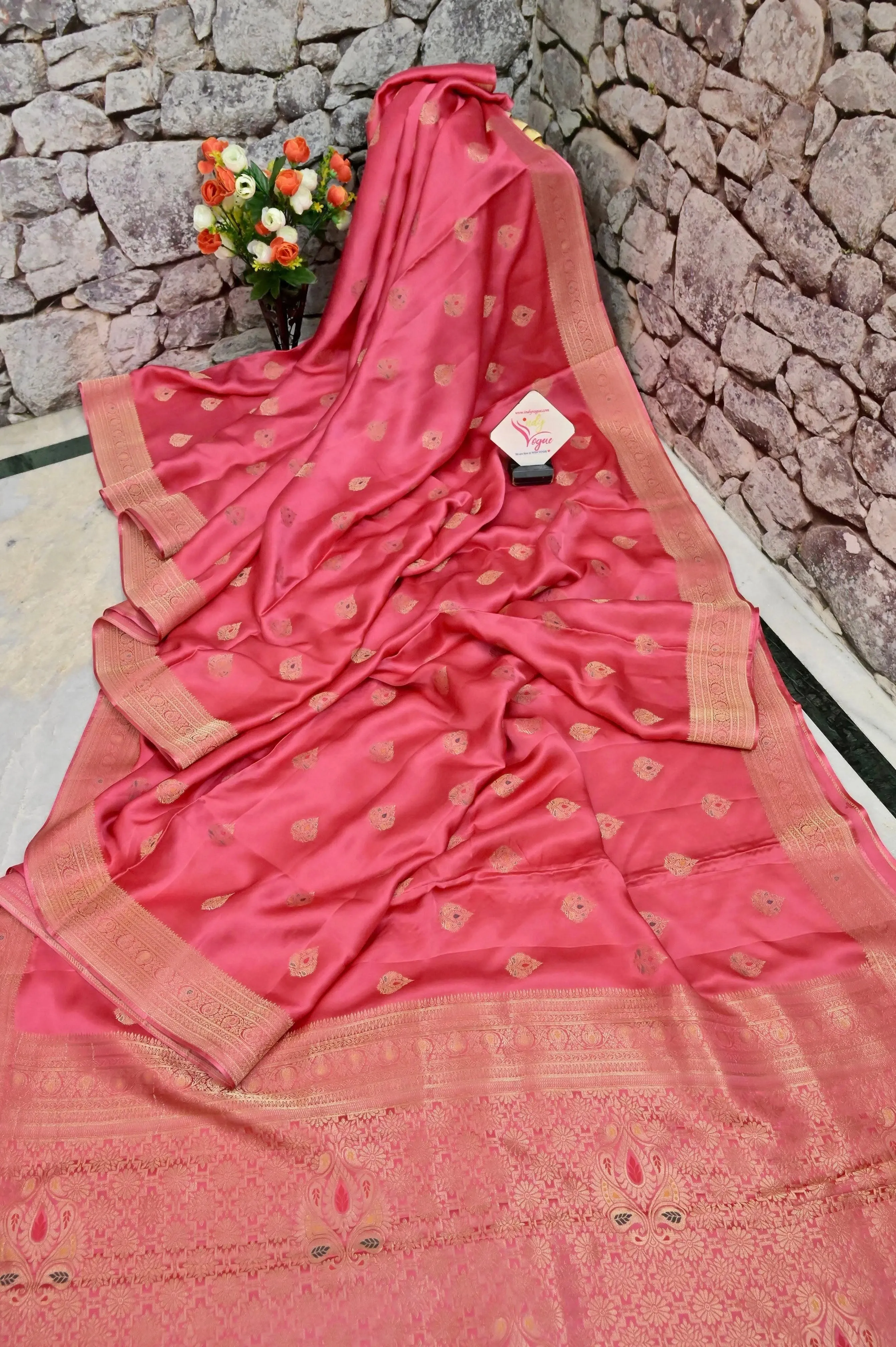 Blush Red Color Satin Banarasi With Meenakari Work