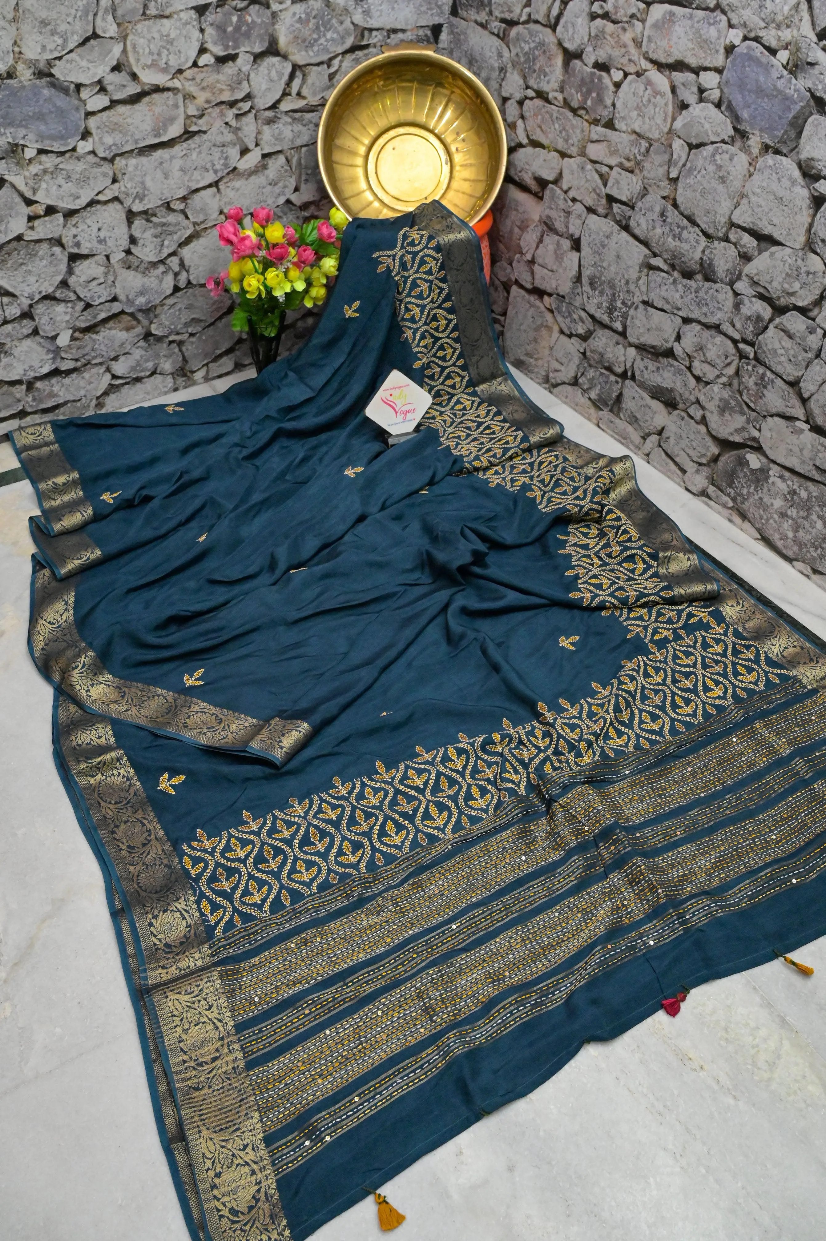 Bottle Green Color Chinon Banarasi Silk Saree with Hand Kantha Stitch Embroidery