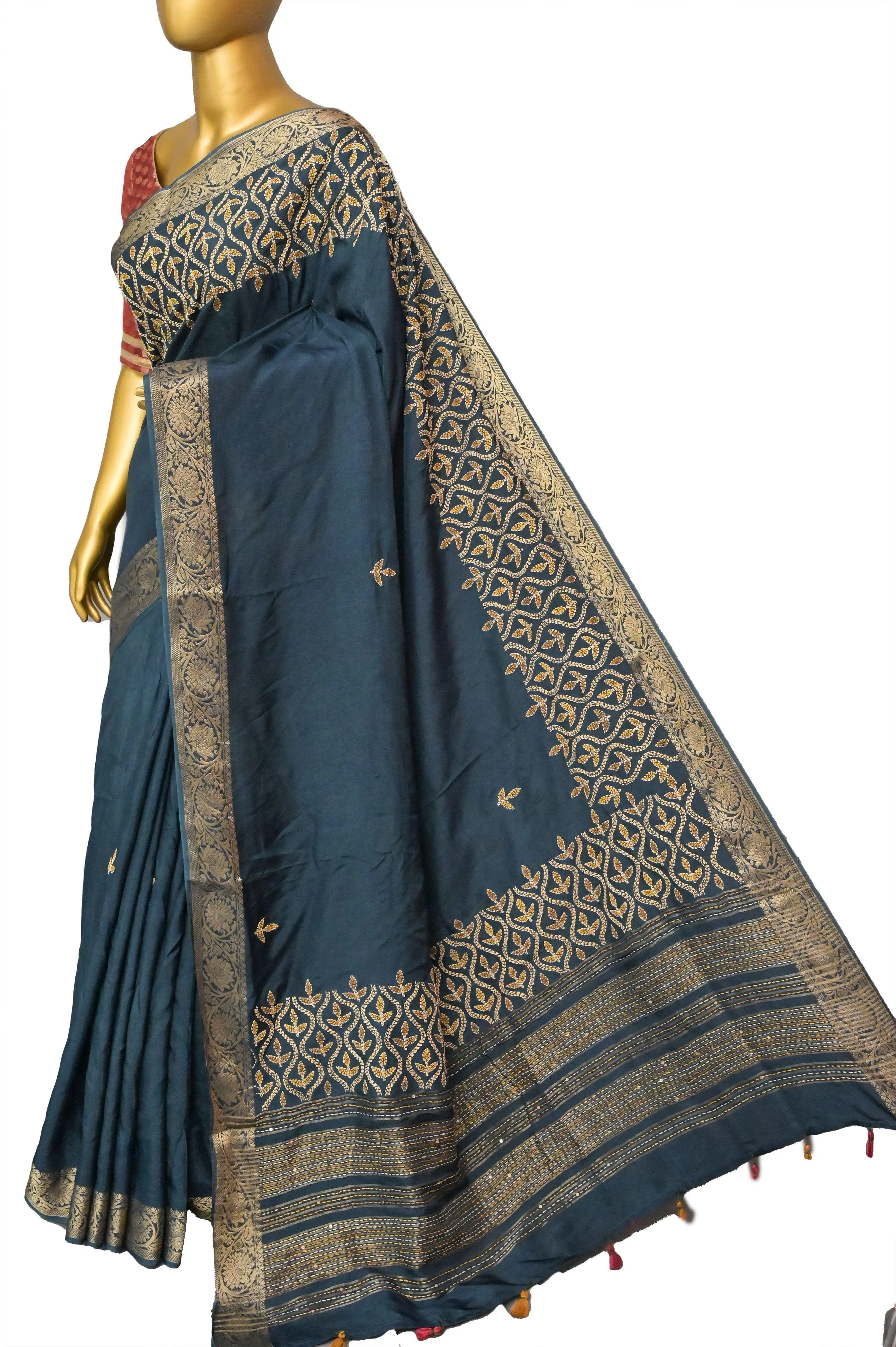 Bottle Green Color Chinon Banarasi Silk Saree with Hand Kantha Stitch Embroidery