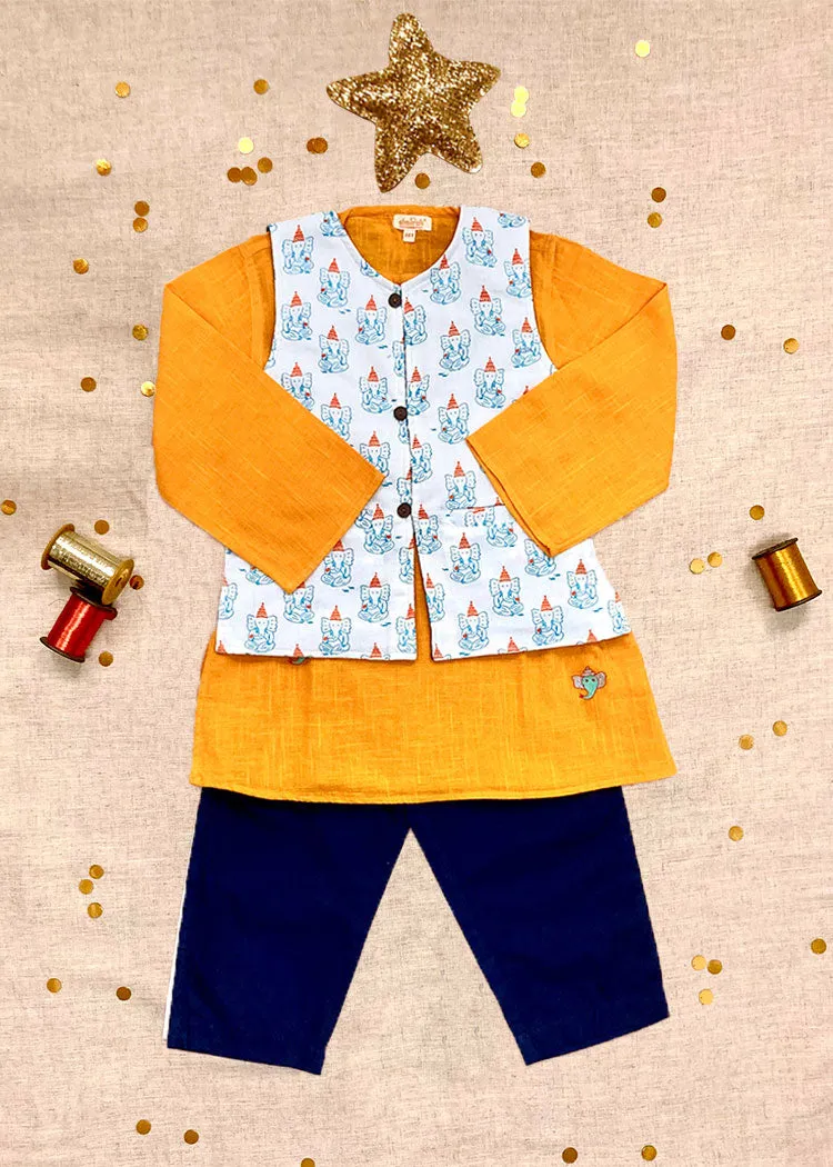 Boys Festive Kurta Bandi Set Ganesh Yellow