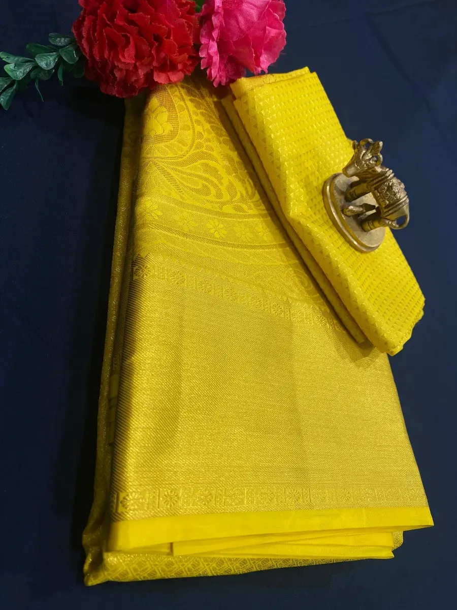 Bridal Yellow Pure Kanjeevaram Silk Saree With Zari Brocade And Jacquard Border - SILKMARK CERTIFIED