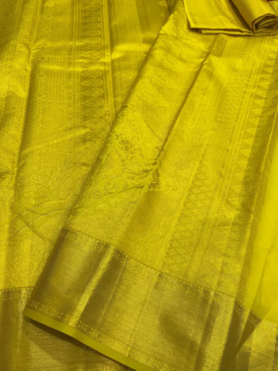 Bridal Yellow Pure Kanjeevaram Silk Saree With Zari Brocade And Jacquard Border - SILKMARK CERTIFIED