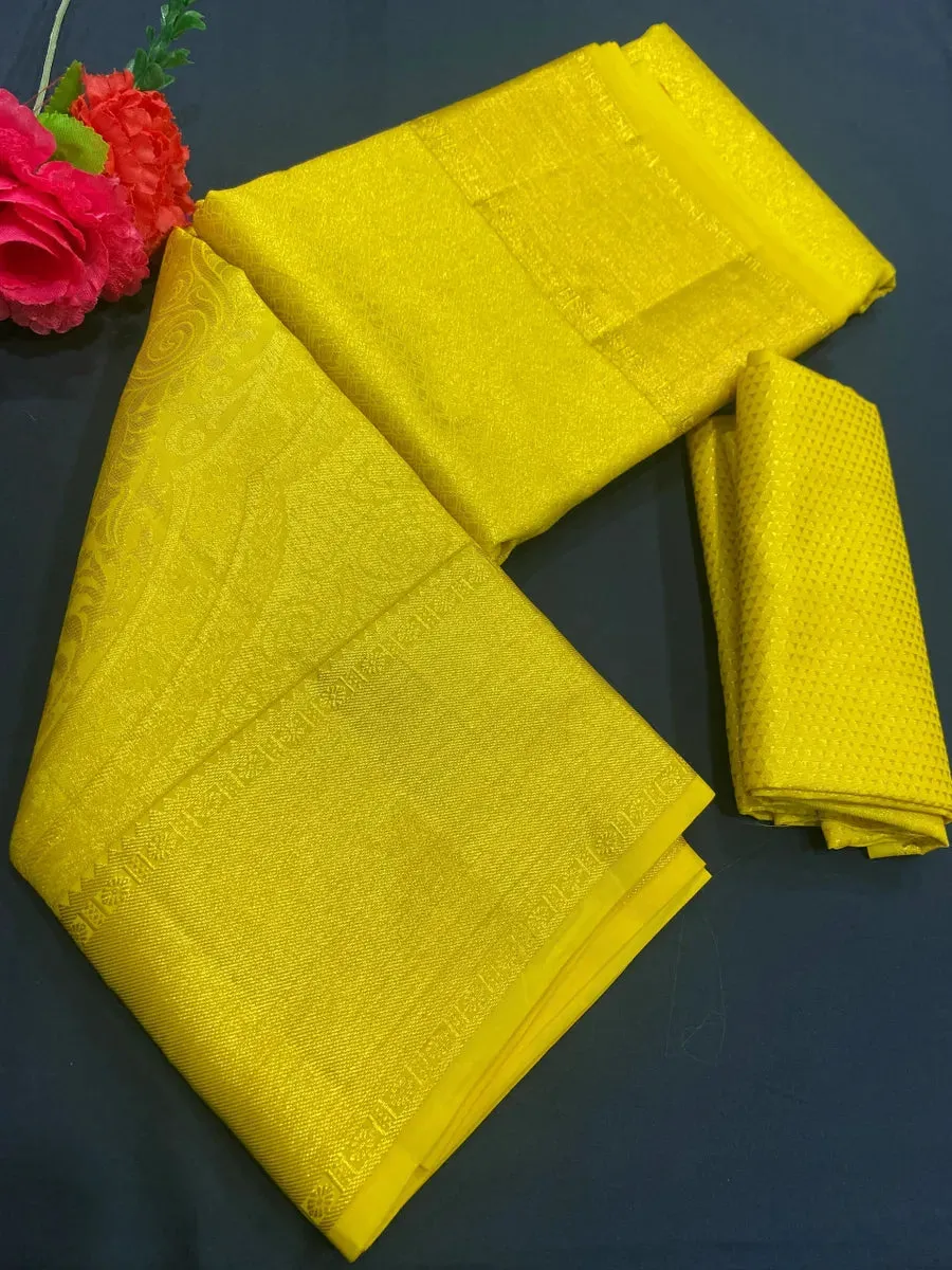 Bridal Yellow Pure Kanjeevaram Silk Saree With Zari Brocade And Jacquard Border - SILKMARK CERTIFIED