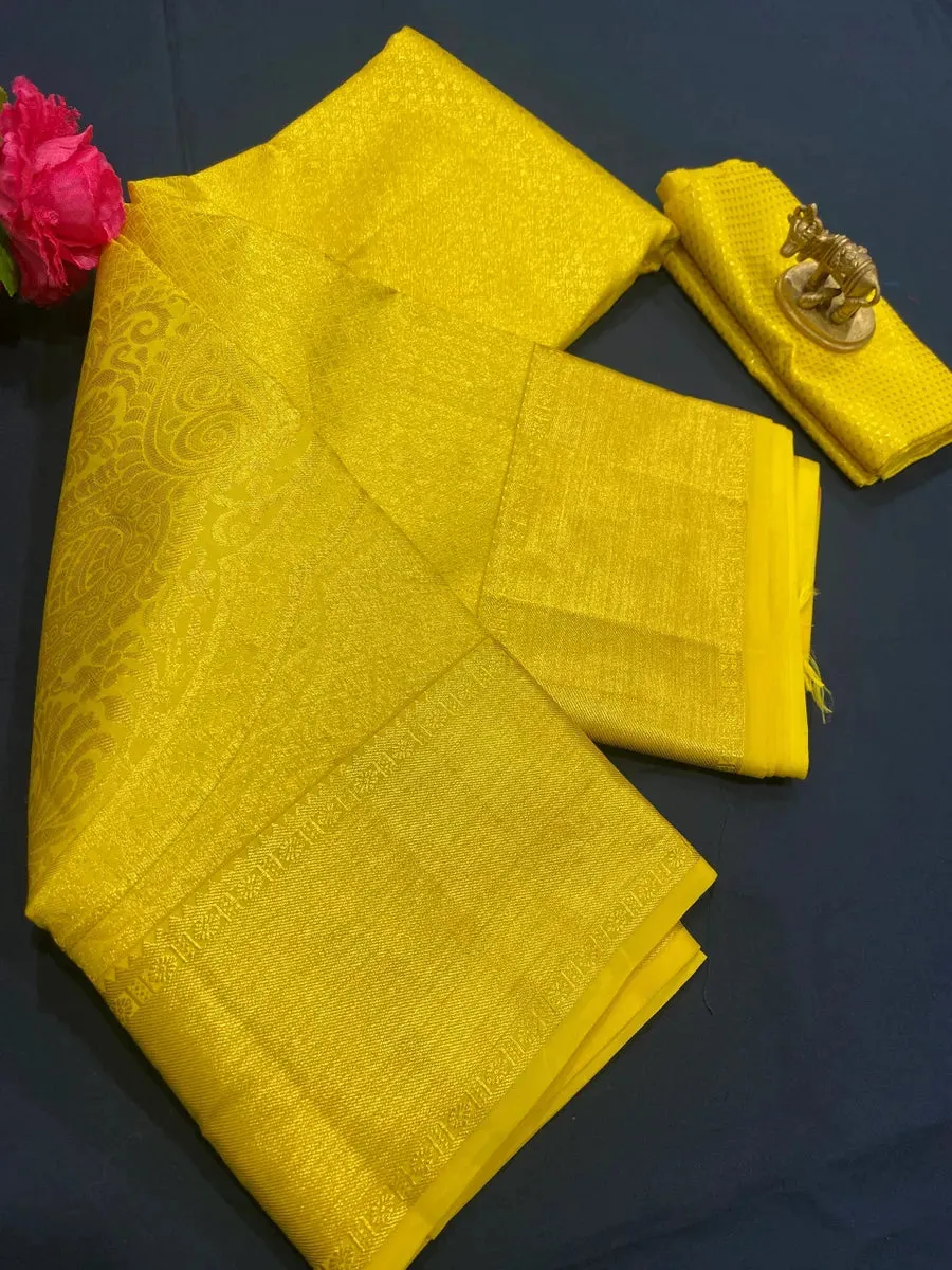 Bridal Yellow Pure Kanjeevaram Silk Saree With Zari Brocade And Jacquard Border - SILKMARK CERTIFIED