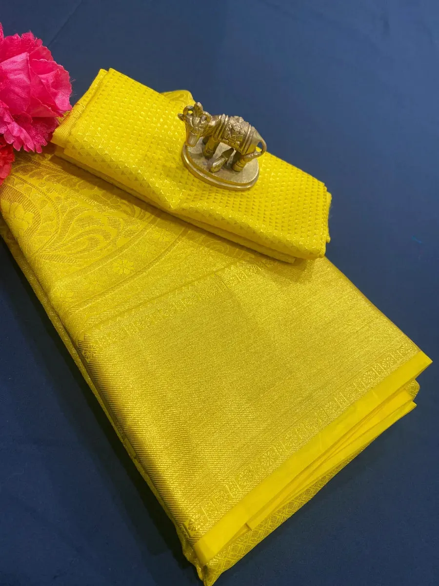 Bridal Yellow Pure Kanjeevaram Silk Saree With Zari Brocade And Jacquard Border - SILKMARK CERTIFIED