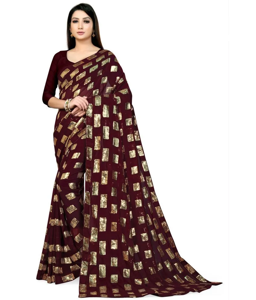 Brown Beautiful Sequins Work Party Wear Saree