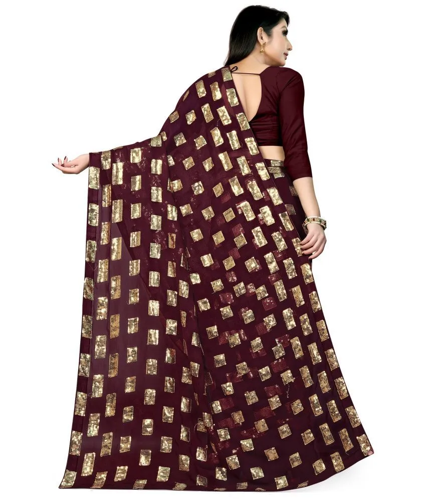 Brown Beautiful Sequins Work Party Wear Saree