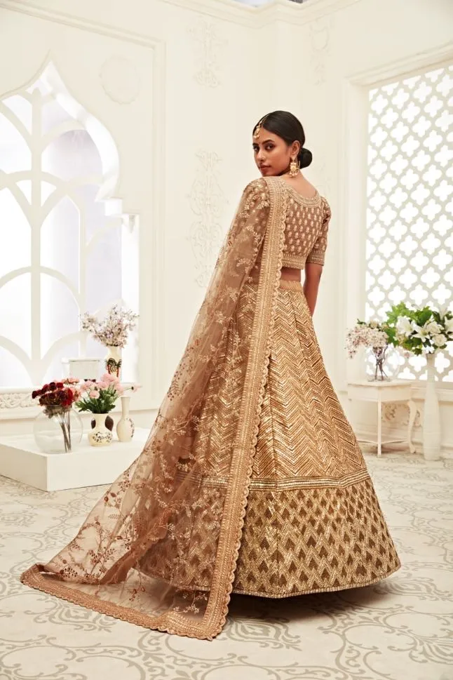 Brown Color Slub Silk Zari Embroidery Lehenga - Rent