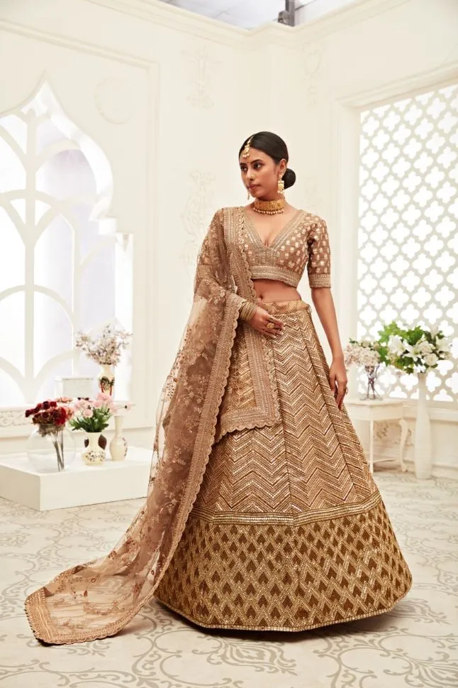 Brown Color Slub Silk Zari Embroidery Lehenga - Rent