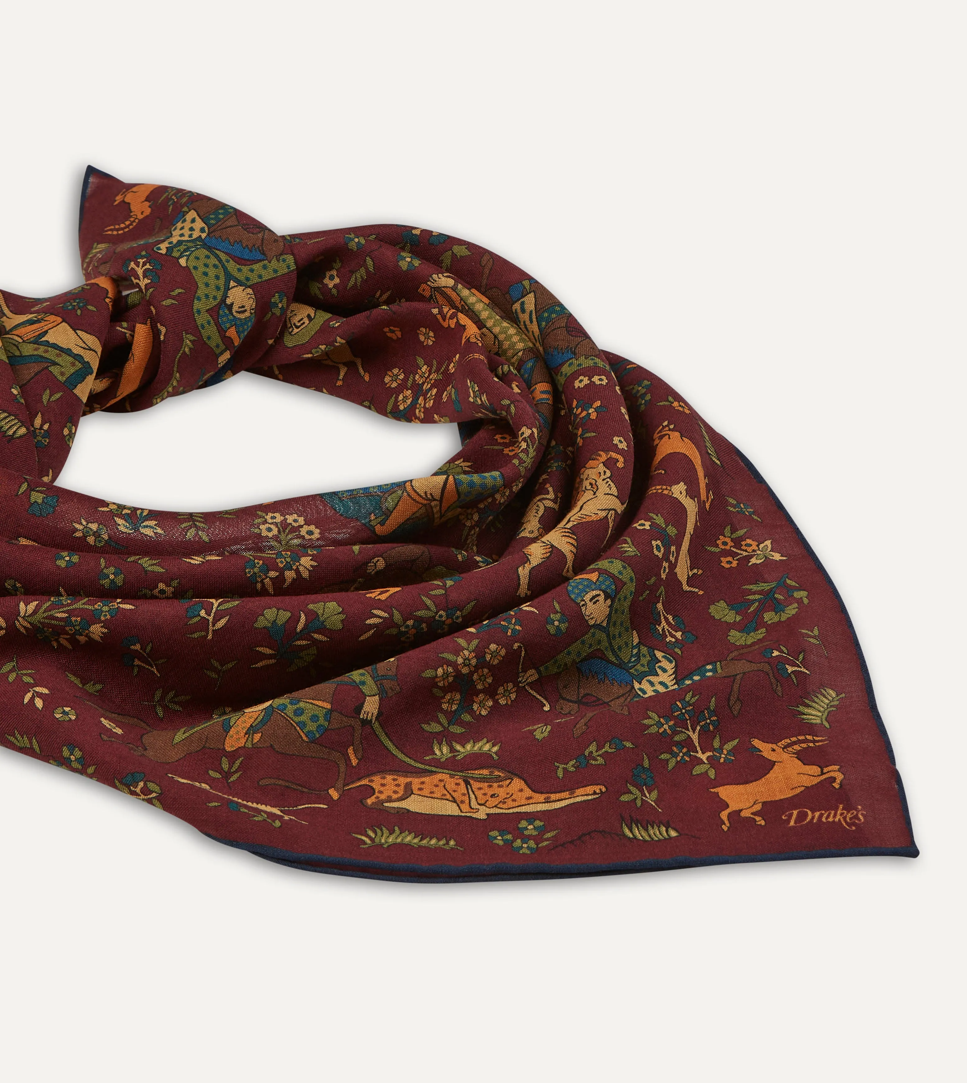 Burgundy Mughal Print Wool-Silk Square Scarf