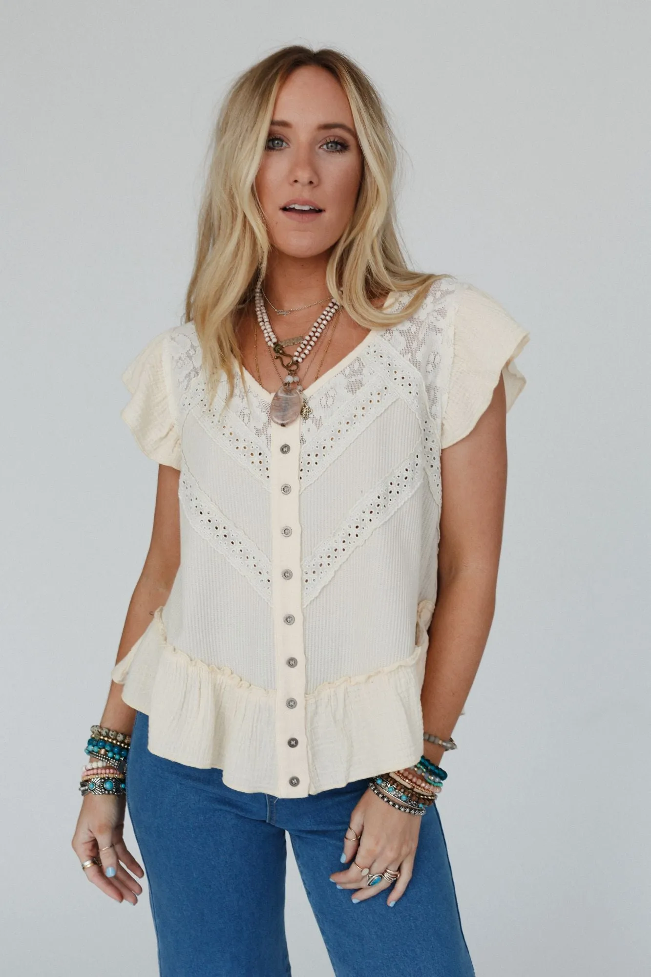 Cascading Ruffles Button Down Top - Ivory