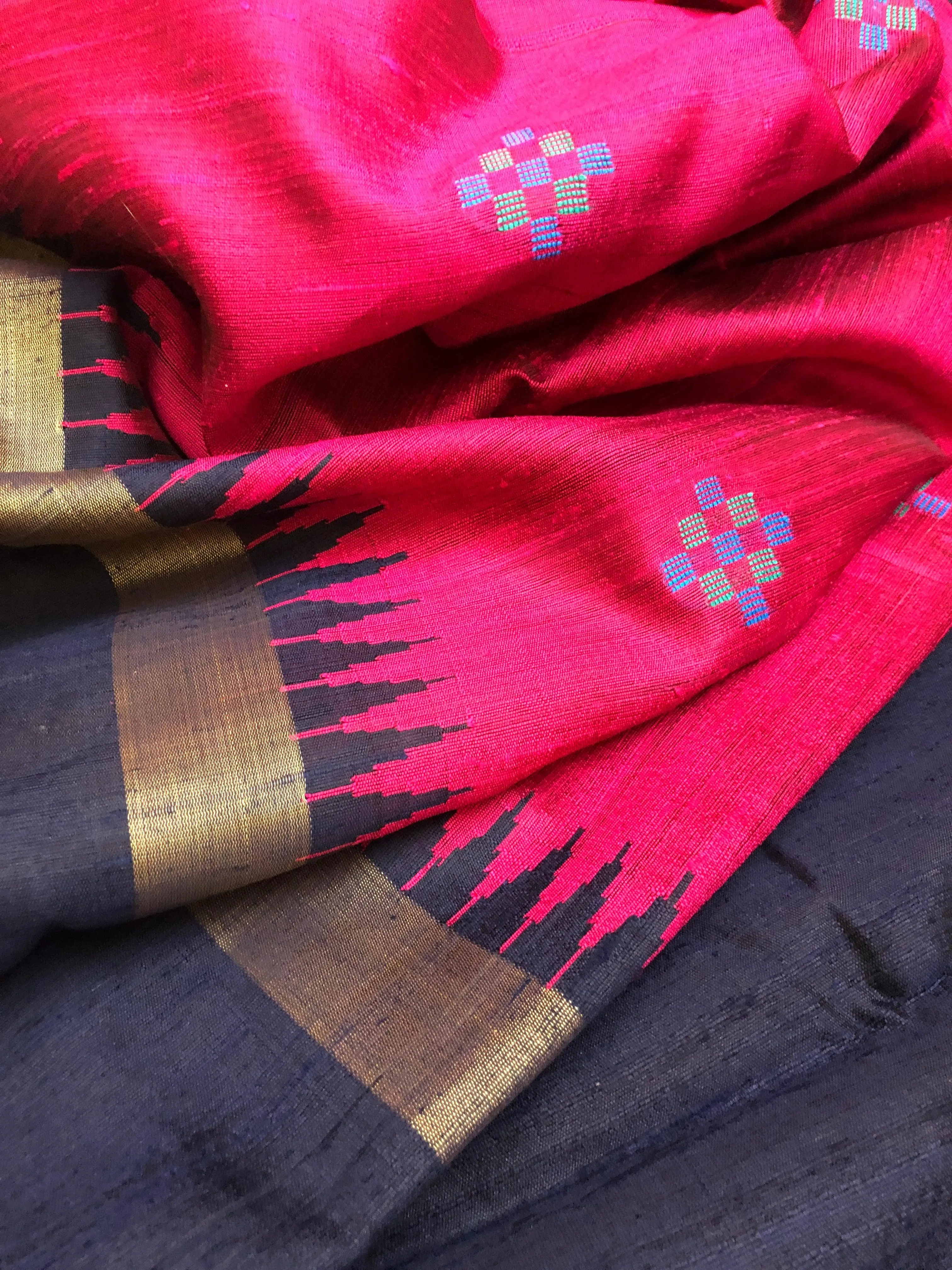 Dark Black and Raspberry Color Raw Silk Saree with Butti