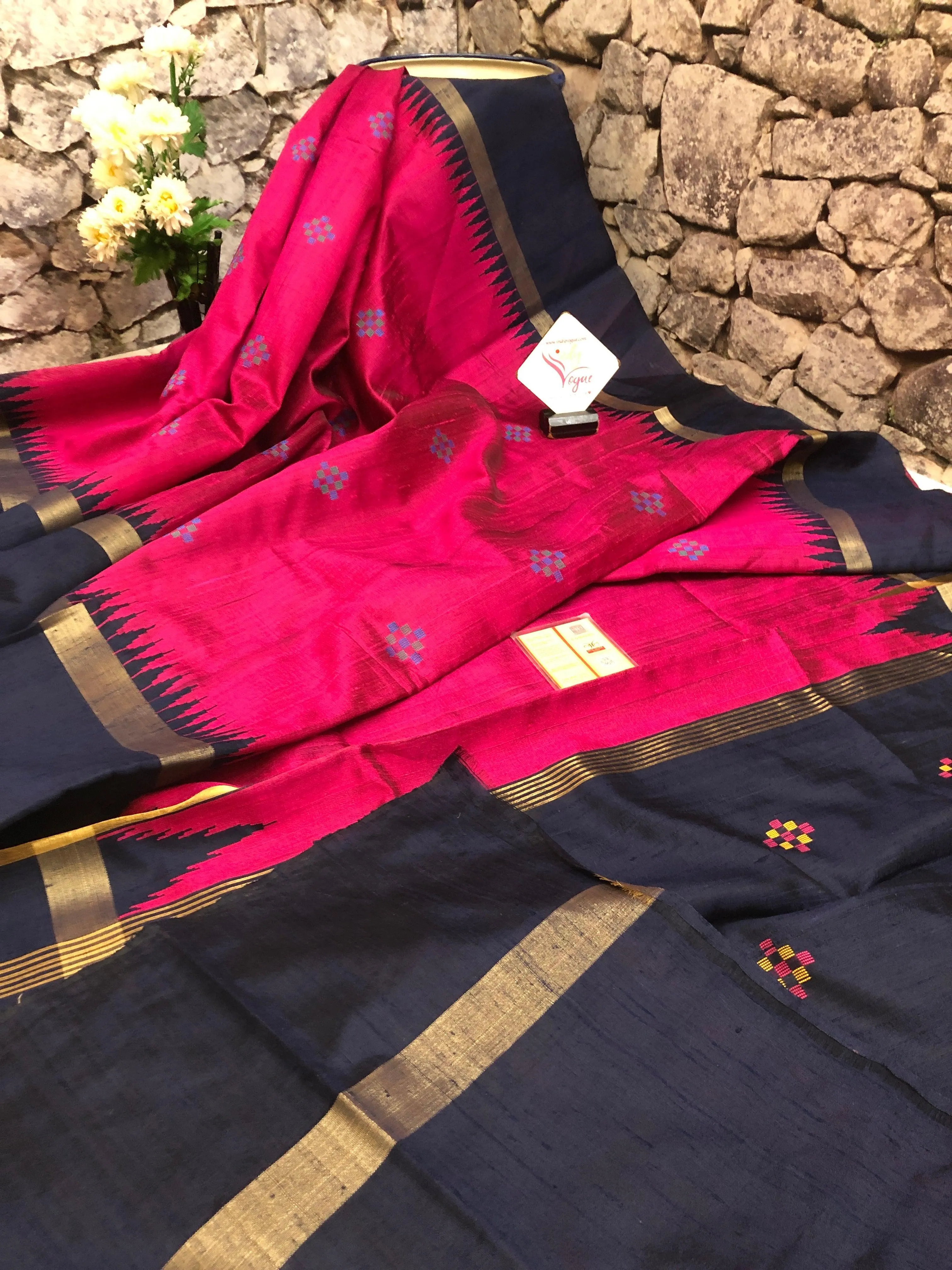 Dark Black and Raspberry Color Raw Silk Saree with Butti