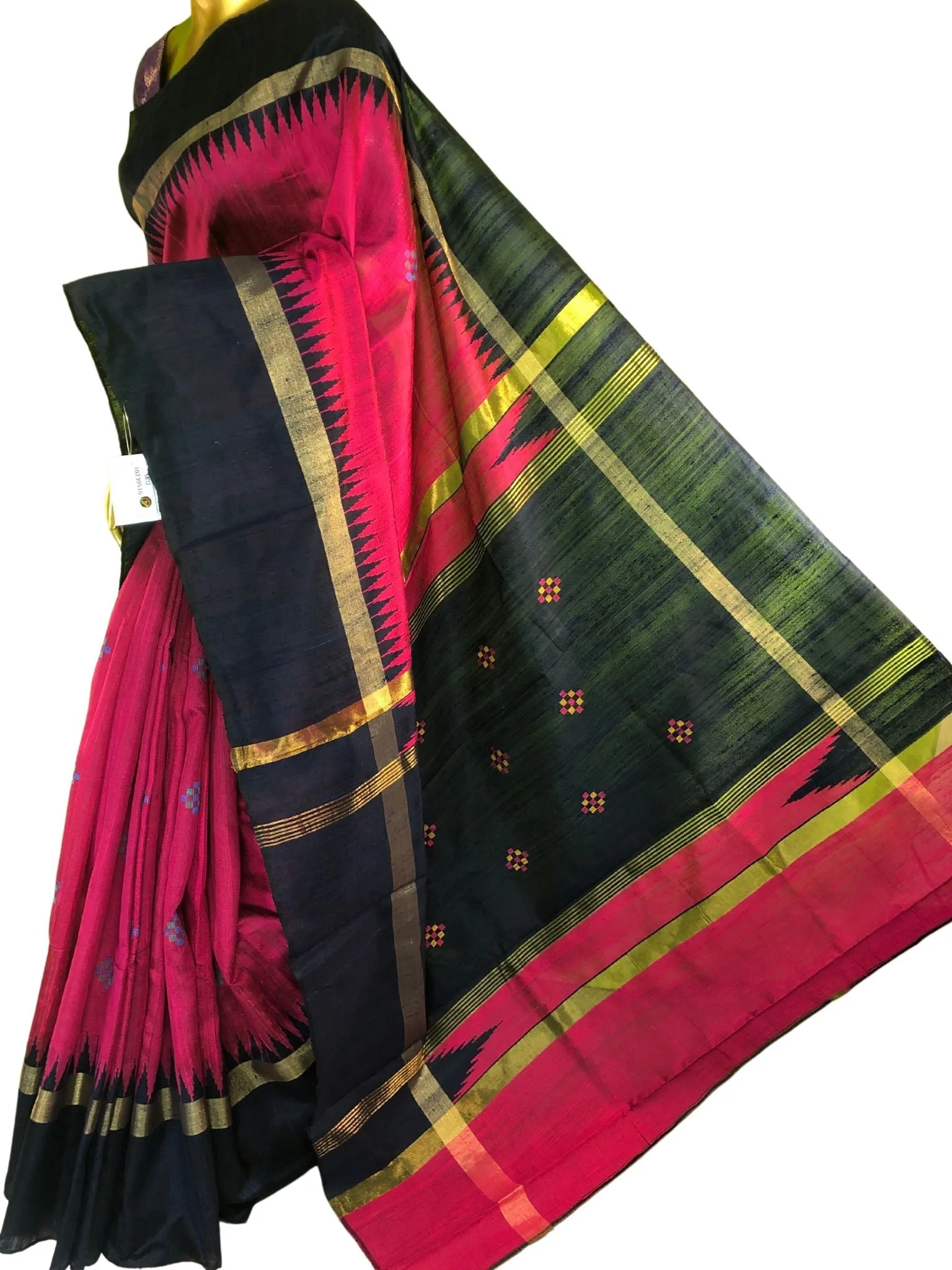 Dark Black and Raspberry Color Raw Silk Saree with Butti