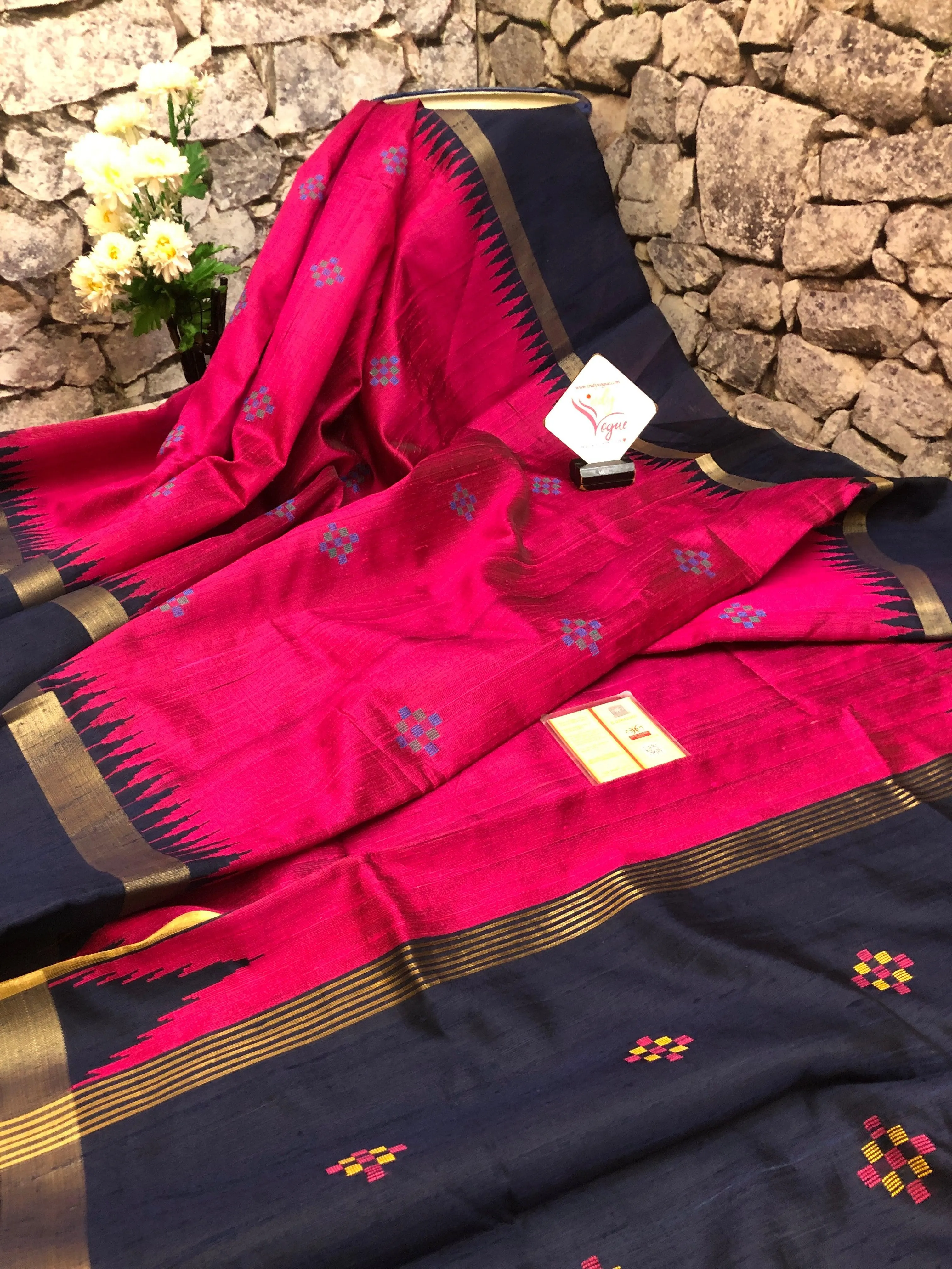 Dark Black and Raspberry Color Raw Silk Saree with Butti