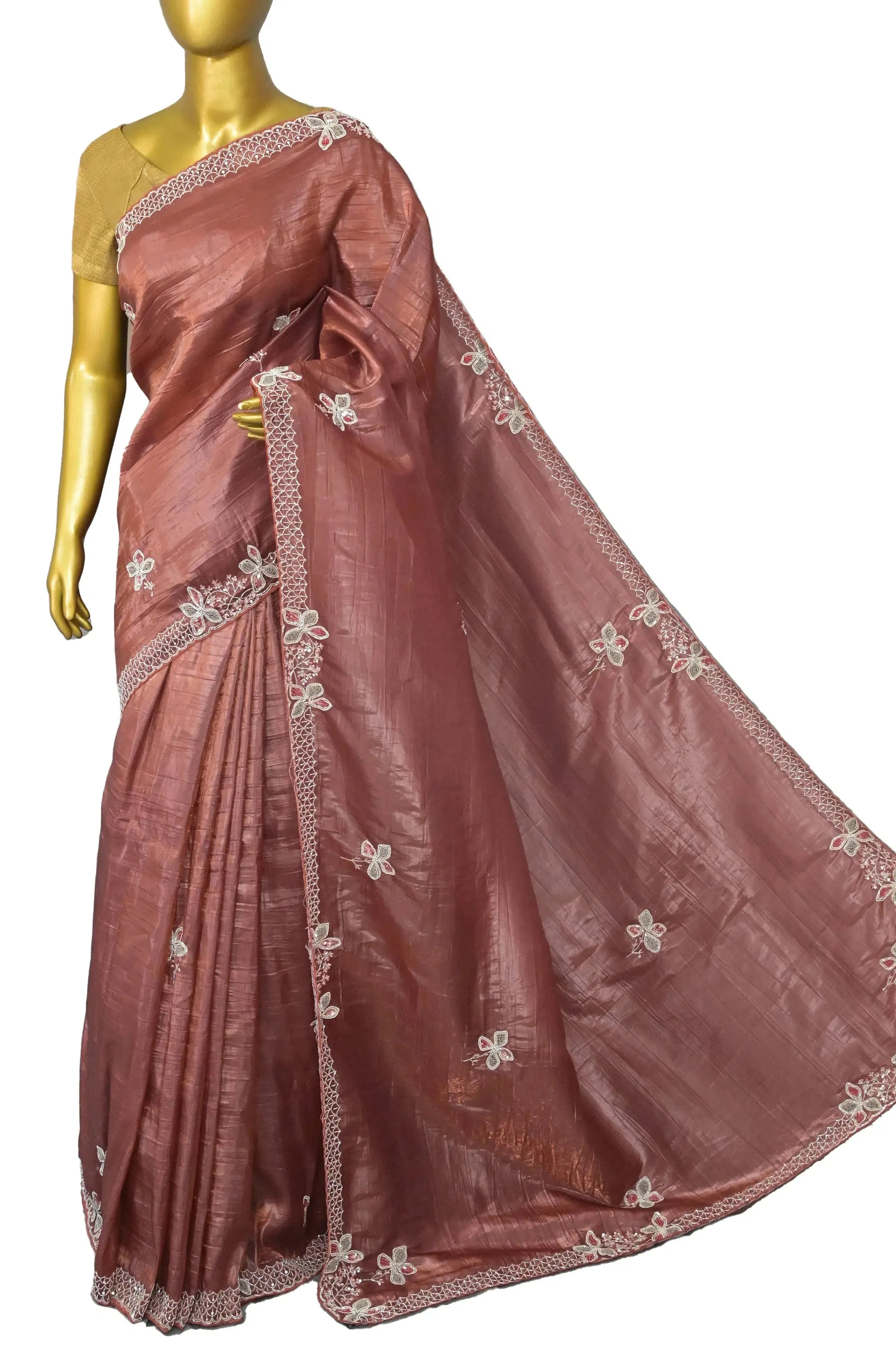 Deep Brown Color Crushed Tissue Silk Saree with Embroidery and Knot Stitch