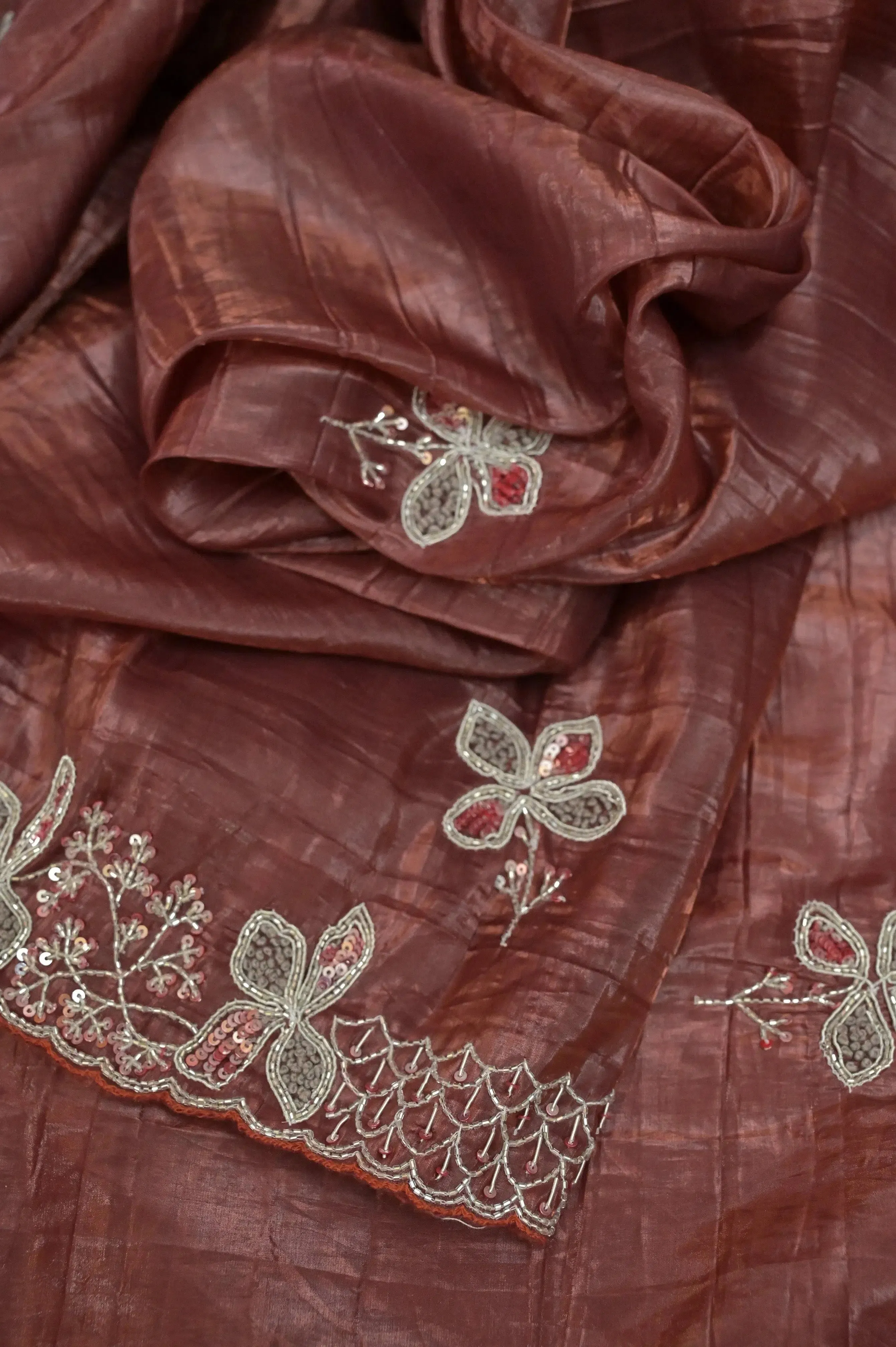 Deep Brown Color Crushed Tissue Silk Saree with Embroidery and Knot Stitch