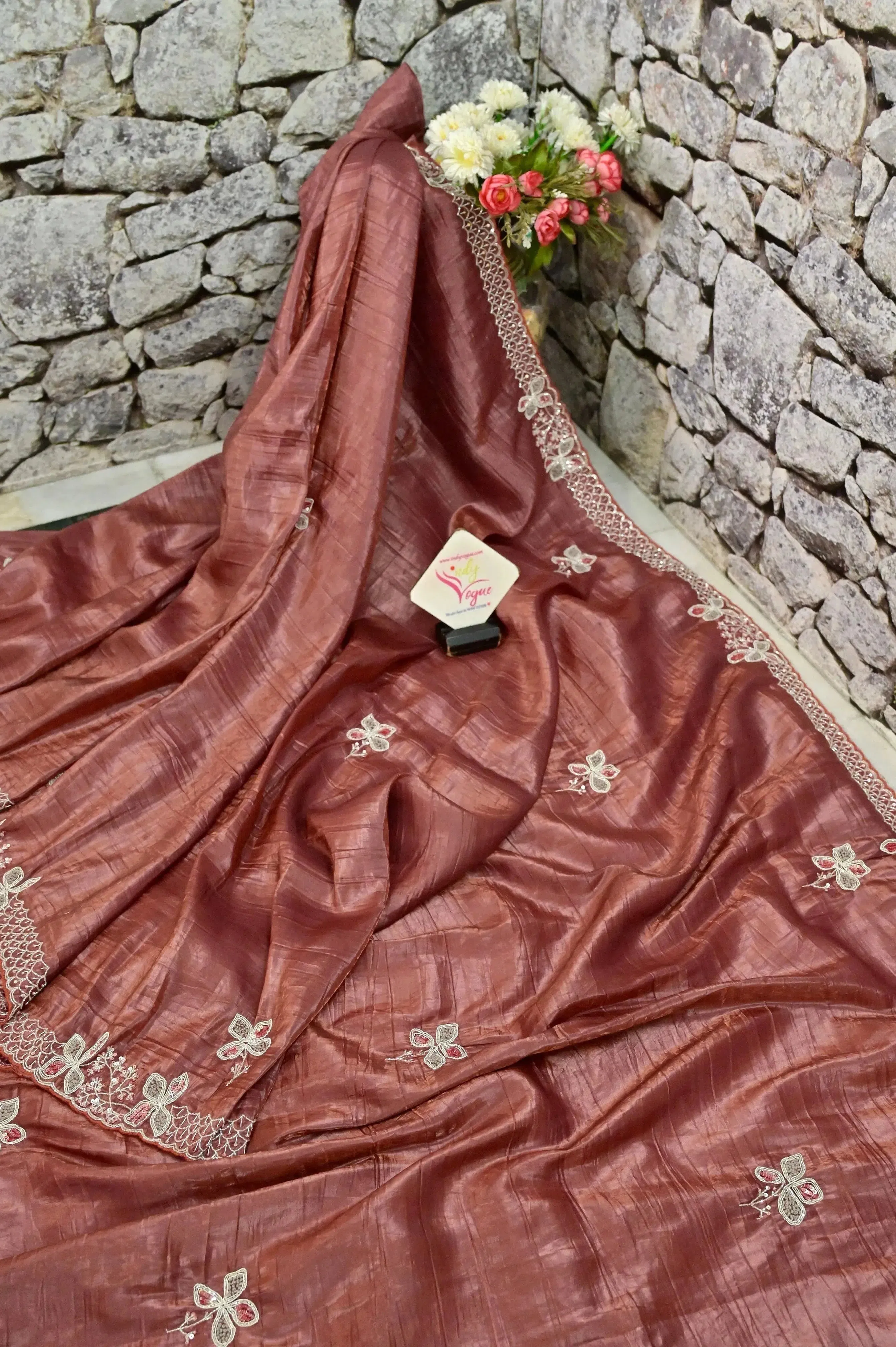 Deep Brown Color Crushed Tissue Silk Saree with Embroidery and Knot Stitch