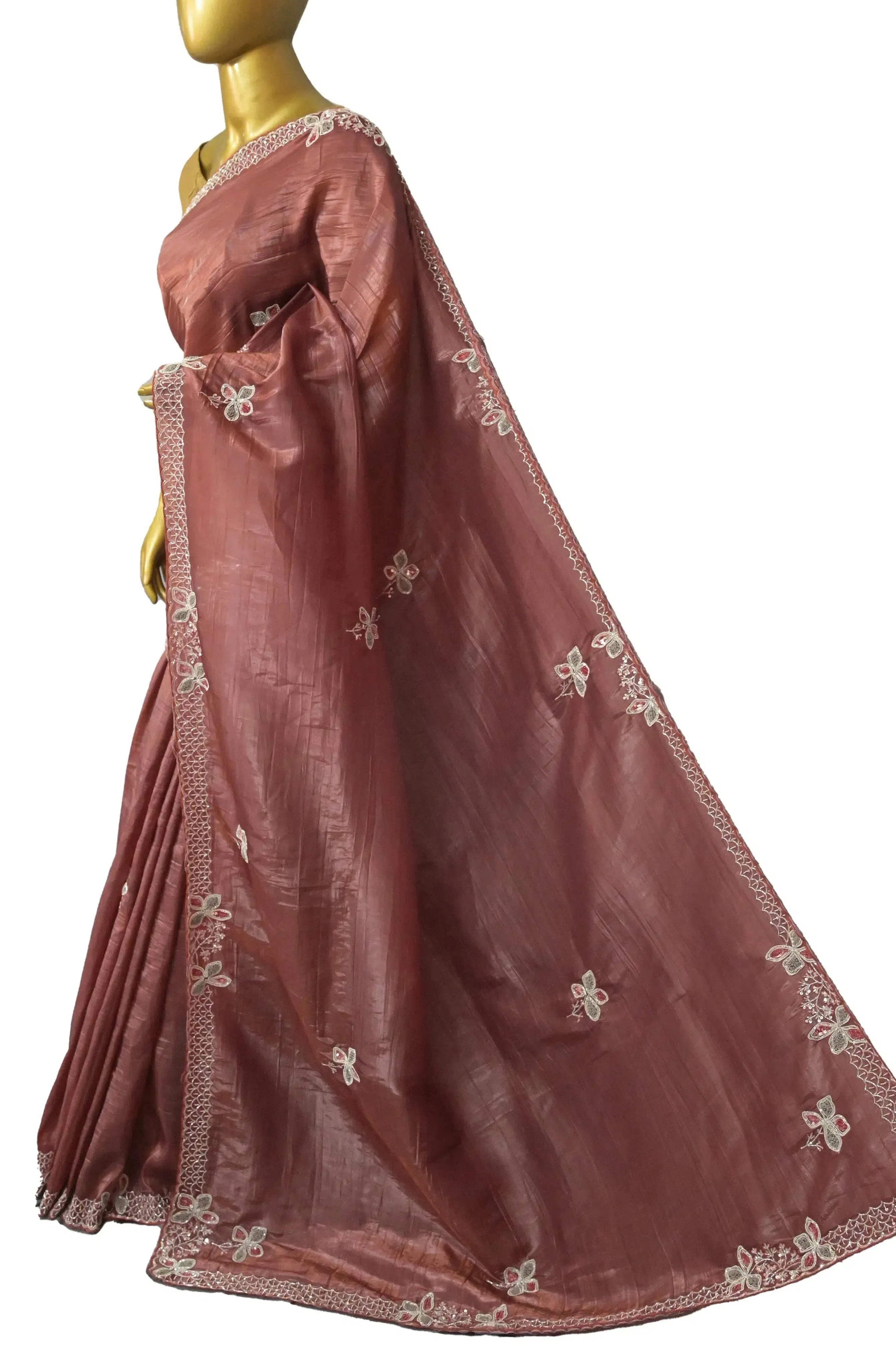 Deep Brown Color Crushed Tissue Silk Saree with Embroidery and Knot Stitch