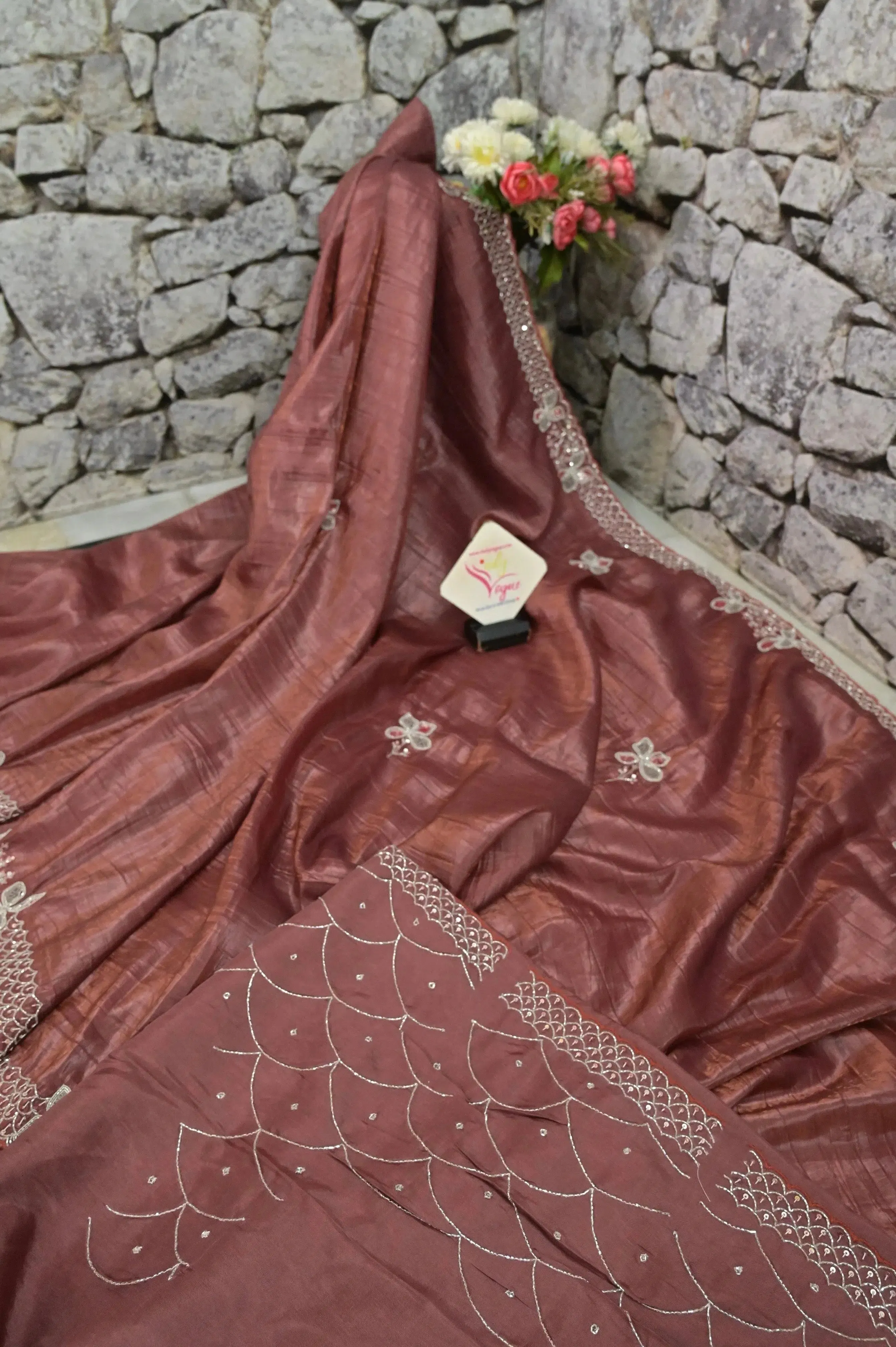 Deep Brown Color Crushed Tissue Silk Saree with Embroidery and Knot Stitch