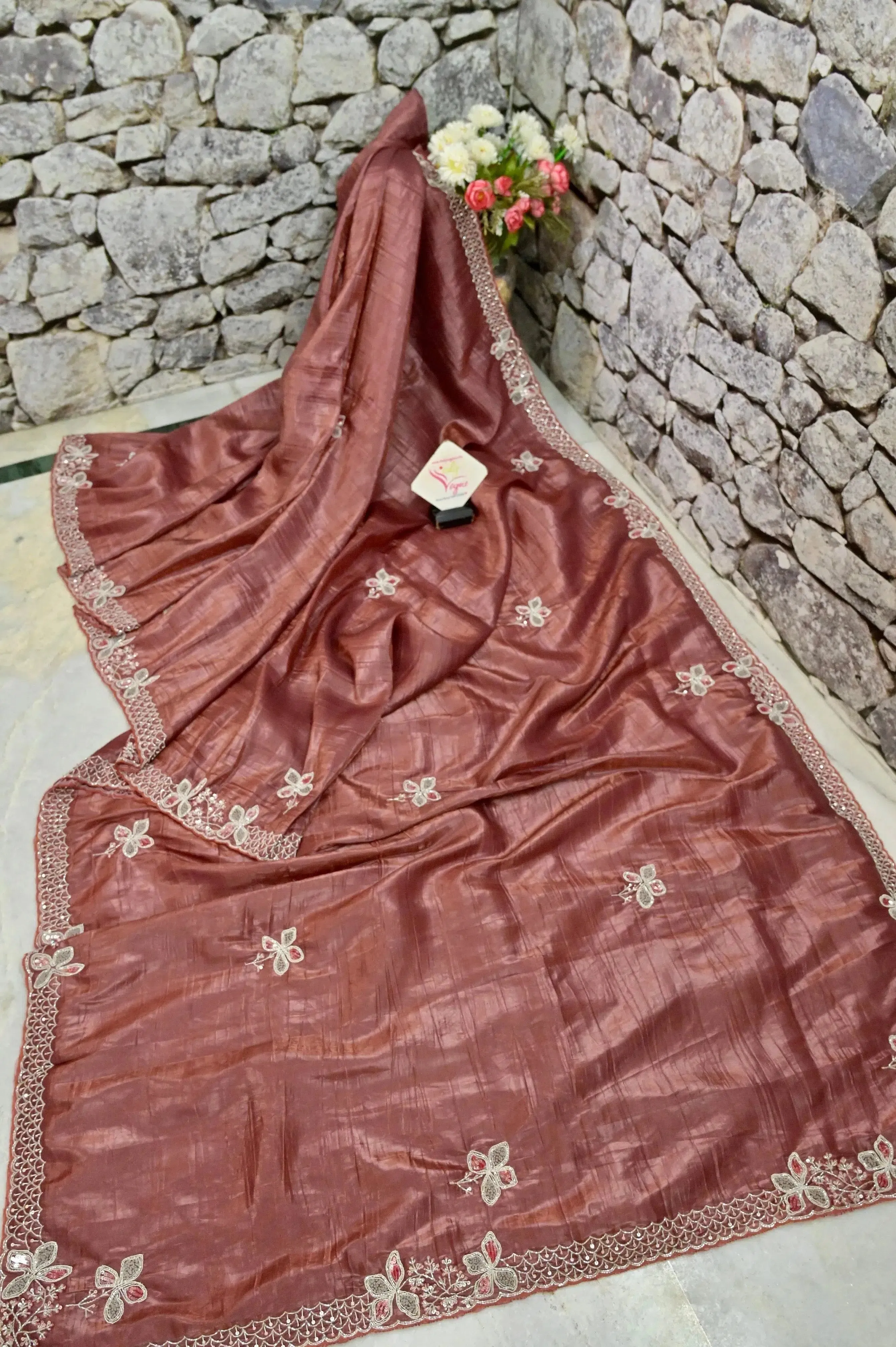 Deep Brown Color Crushed Tissue Silk Saree with Embroidery and Knot Stitch