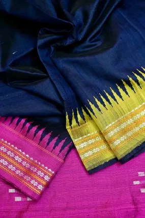 Deep Navy Blue Color Raw Silk Saree with Vidarbha and Ganga Jamuna Border